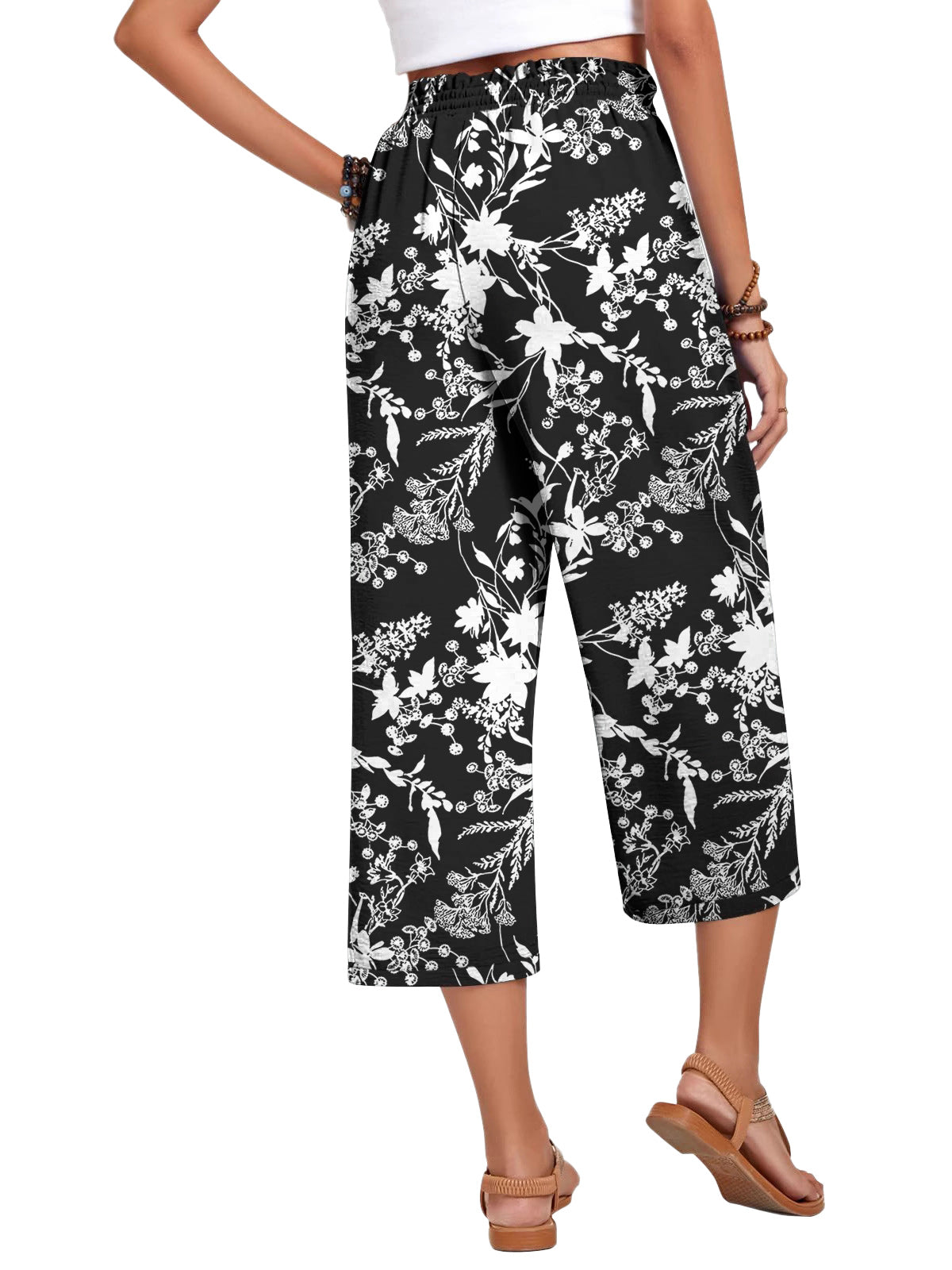 VDJ Women's Smmer Capri Pants Casual Wide Leg Elastic Waist Lightweight Floral Printed Cropped Loose Pants with Pockets