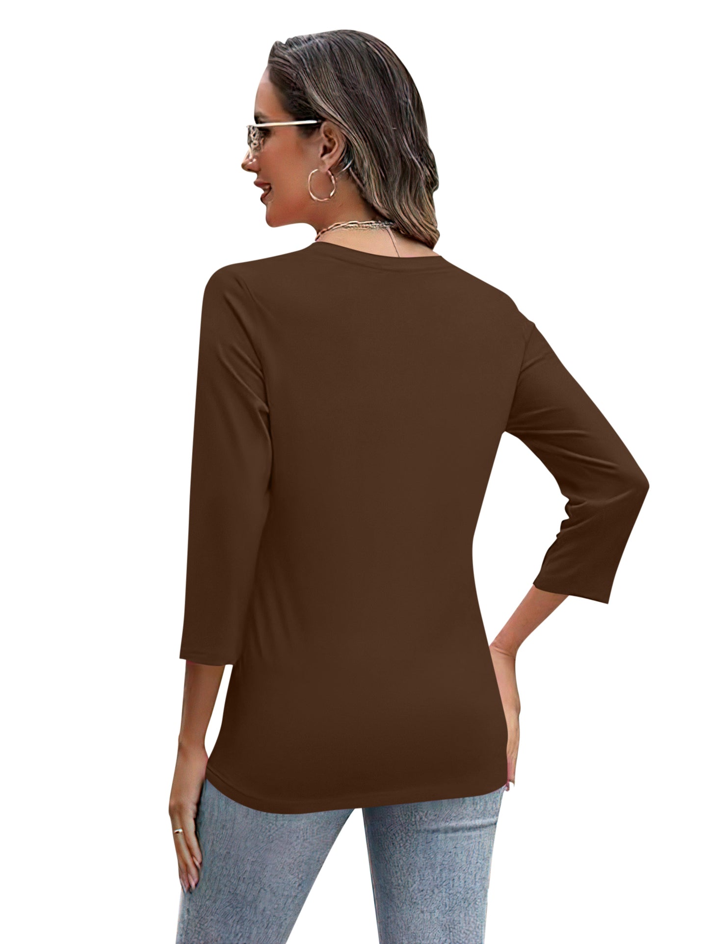 VDJ Blouses for Women Dressy Casual Summer 3/4 Sleeve Solid T Shirts Trendy Button Tunics Brown Going Out Tops