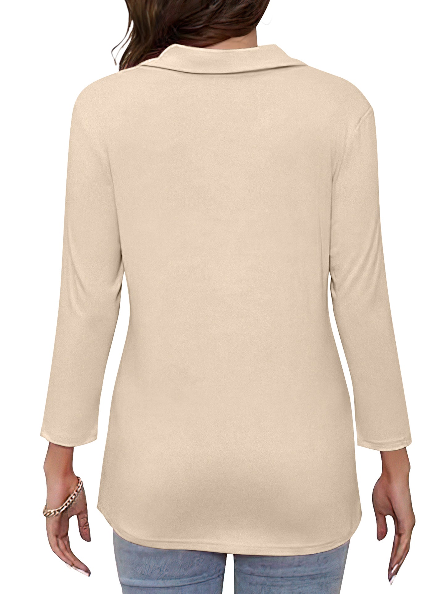 VDJ Women Fall Blouse 3/4 Sleeve Zipped Basic T Shirts Solid Color Lightweigt Soft Beige Tops 2025 New Clothing