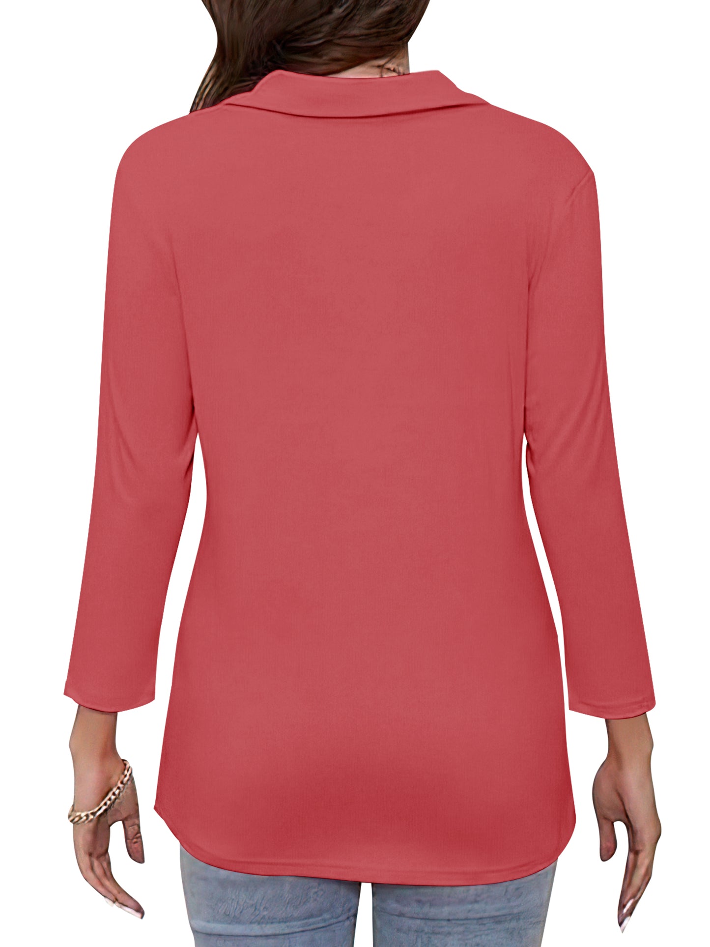 VDJ Women Cute Tops 3/4 Sleeve Half Zipped V Neck Comofortable Soft Lounge Tshirts Chic Peach Pink Tunic