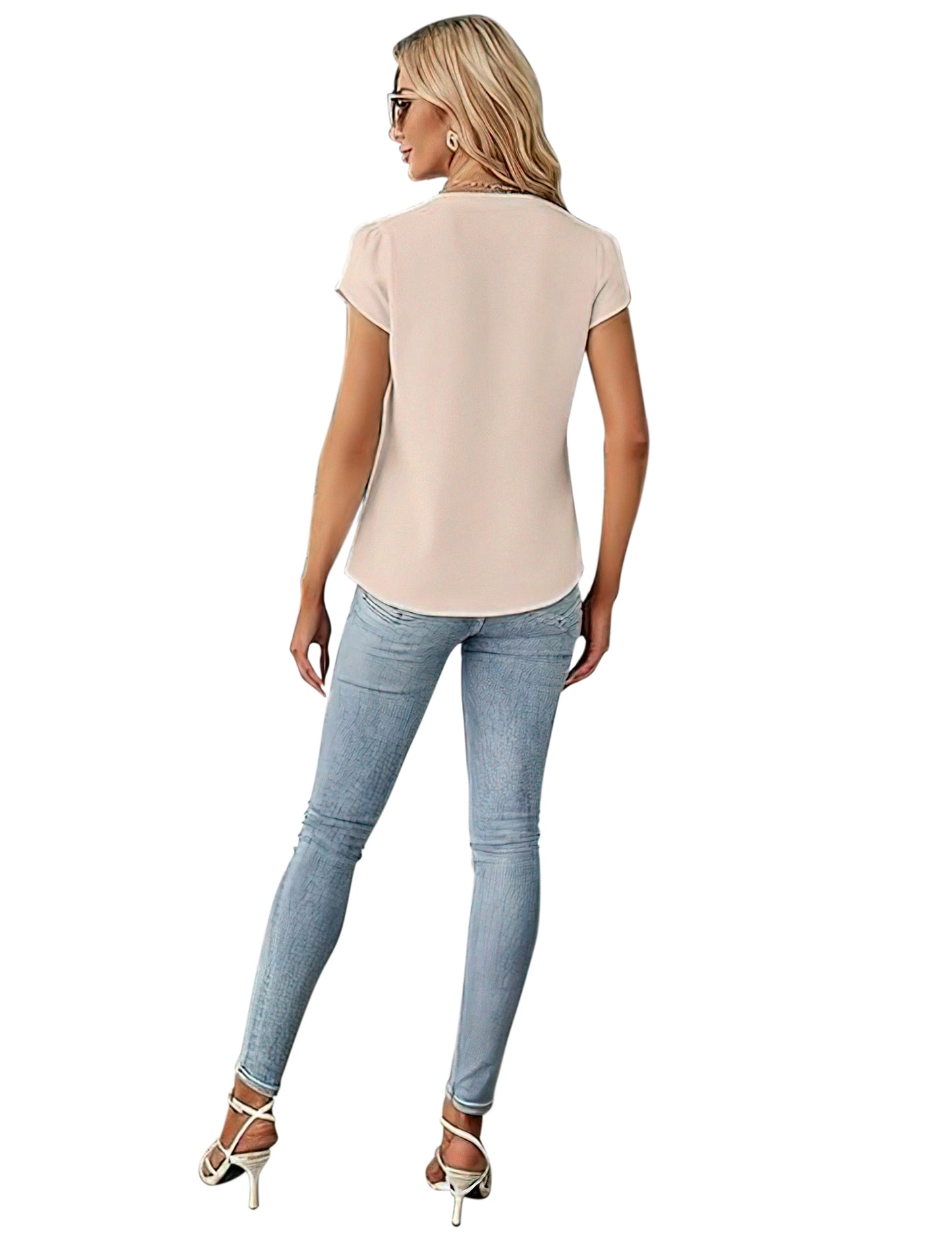 VDJ Womens Summer Tops Button V Neck Cap Sleeve Summer Casual Fit Dressy Blouses Beige Tee shirts for Women Elegant