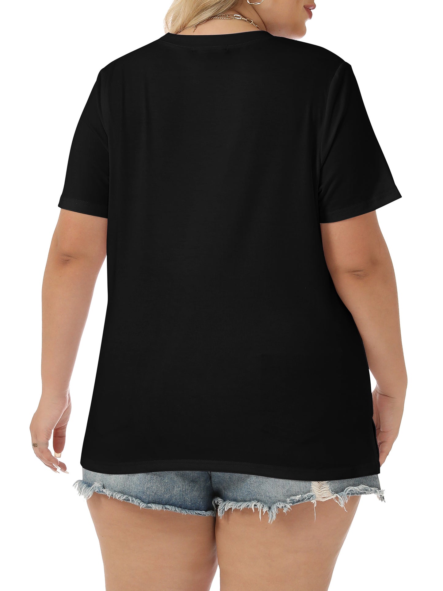 VDJ Women Plus Size Tops Casual Loose Pleated Solid Blouses Oversized Short Sleeve Round Neck Basic Black Tee