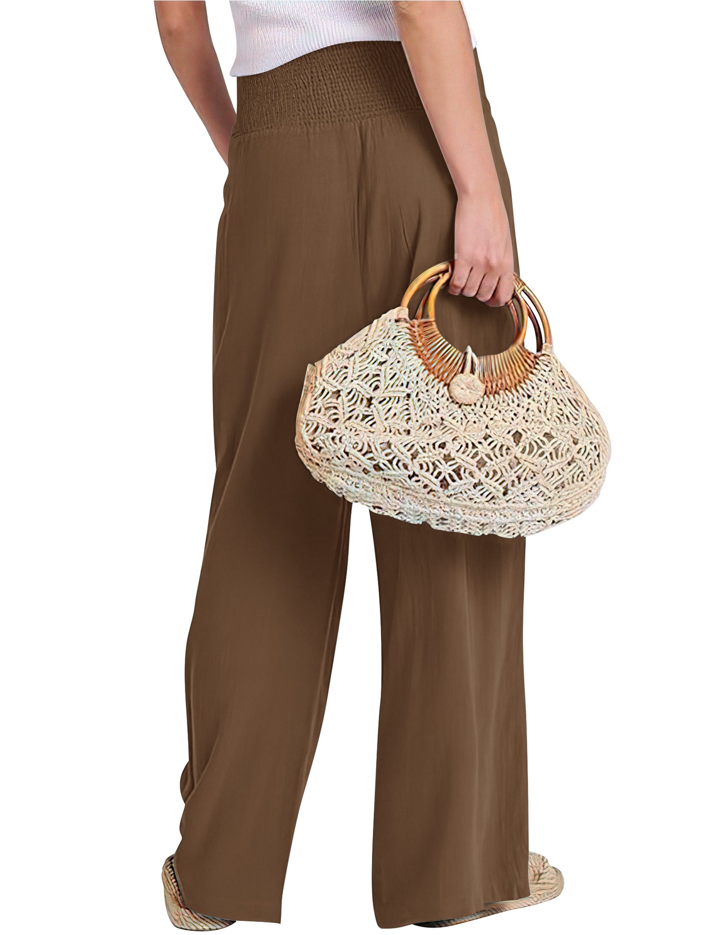 VDJ Womens Casual Pants Elastic High Waist Summer Coffee Lounge Pants Lightweight Flowy Beach Trousers Clothing