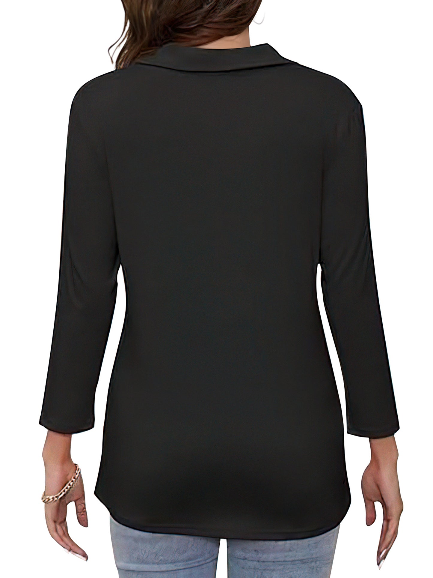VDJ Tops for Women Zipper V Neck Shirts Casual Loose Solid Color Tshirts 3 4 Sleeve Black Blouse Comfort Pullover