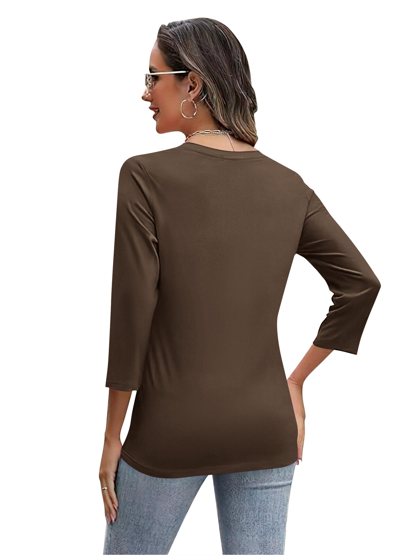 VDJ Women's 2025 Fashion Tops 3/4 Sleeve T-Shirts Cute V Neck Basic Business Tees Coffee Blouses