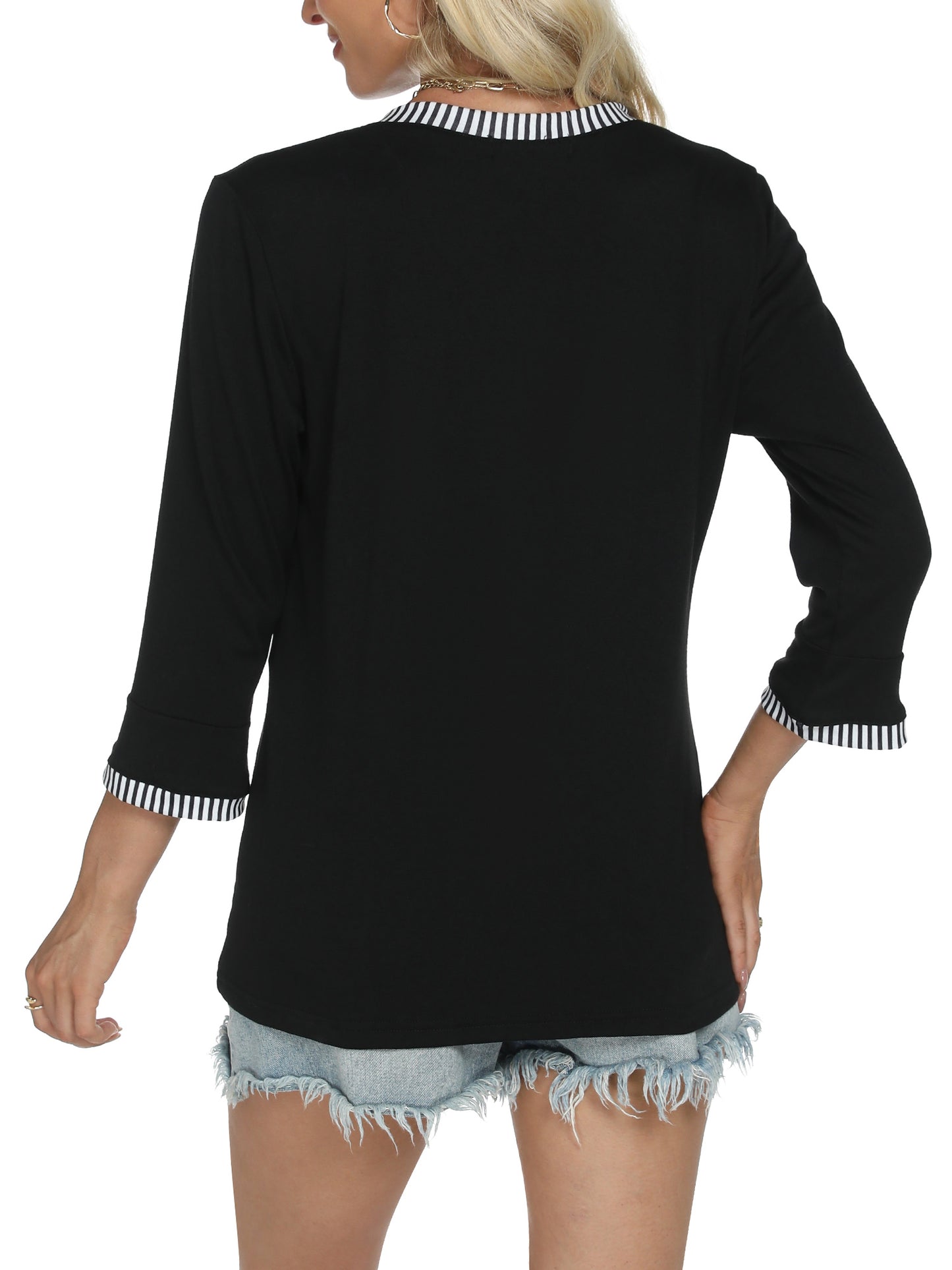 VDJ Womens 3/4 Sleeve Tops Striped Color Block Henley V Neck T Shirts Fashion Fall Tunic Cute Tee Blouse