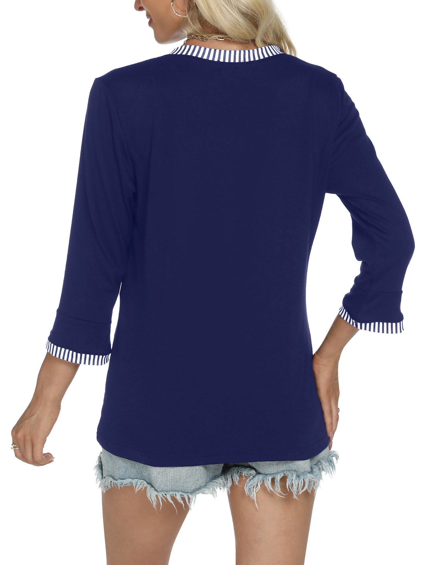 VDJ Women's Fall Tops Casual Loose 3/4 Sleeve V Neck Tshirt Shirts Comfort Lightweight Navy Blue Blouse Chic Tee for Women