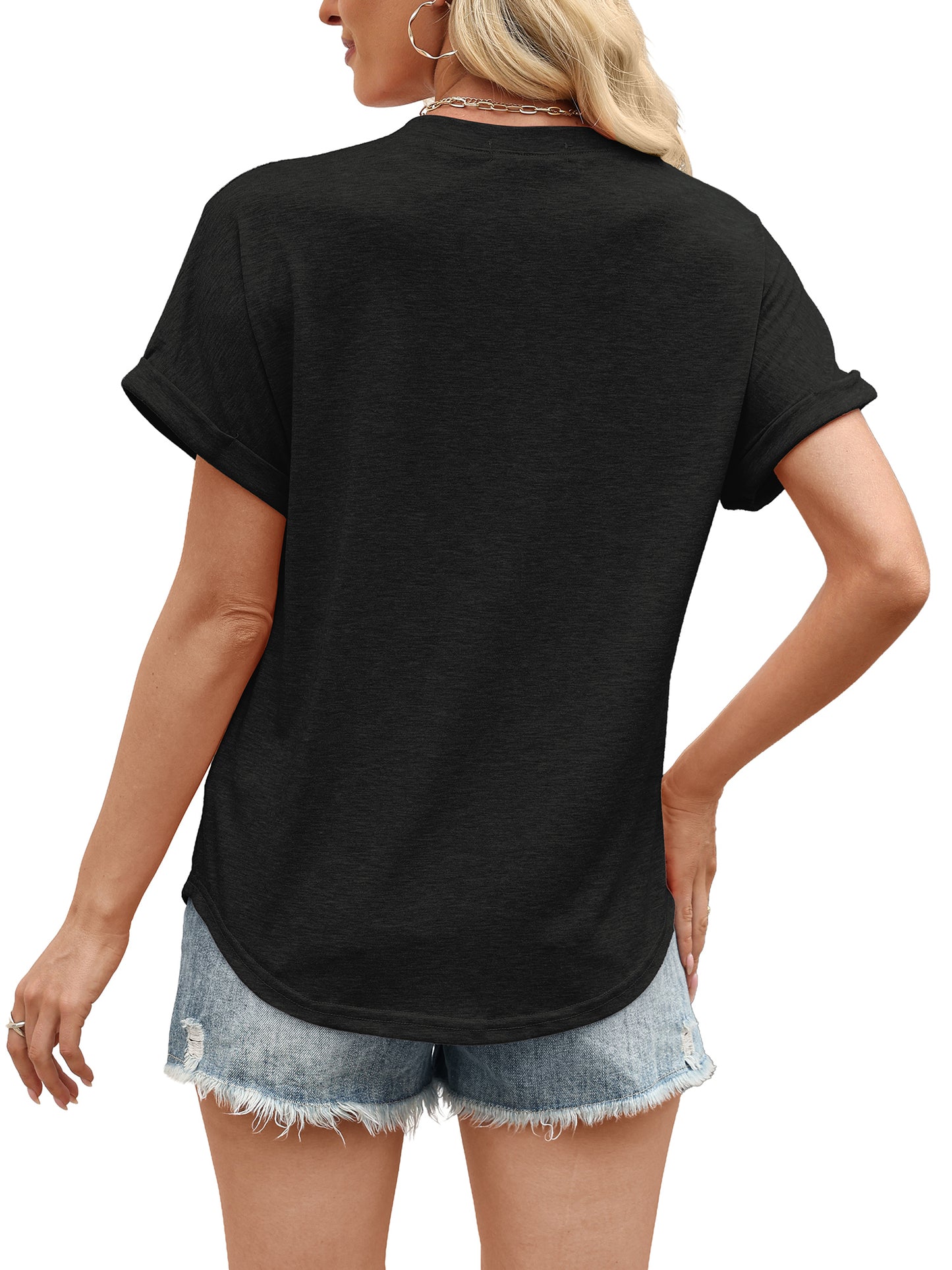 VDJ Tops for Women Summer Short Sleeve Button Up Solid Tee Shirts Casual Loose Henley Collared Black Shirt Clothing