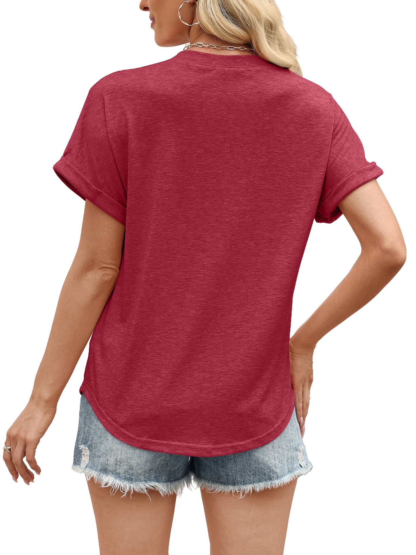 VDJ Womens T Shirt Short Sleeve Henley Collar Casual Dressy Shirts Button Up Plain Color Burgundy Chic Blouse