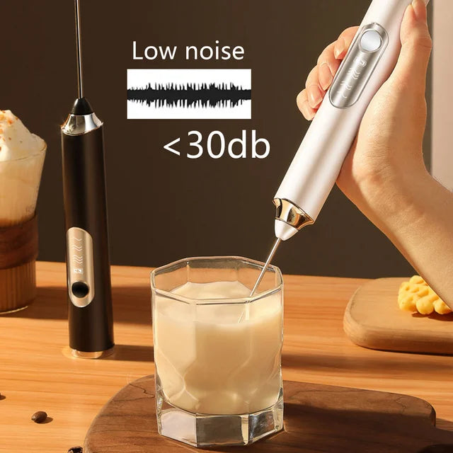 YUOFD Electric Milk Frother, Rechargeable Handheld Electric Milk Frother with 2 Heads and 3 Speeds, White