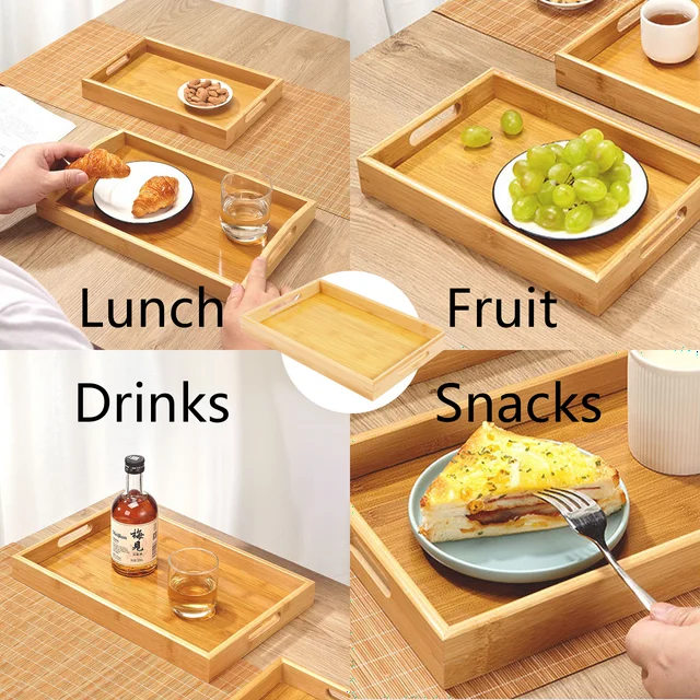 YUOFD Bamboo Serving Tray, Rectangular tray with Handles, 17.7*12.9 Inches