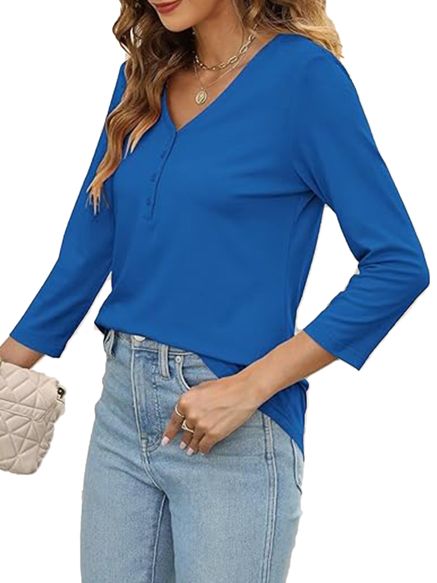 VDJ Women Fall Tops 3/4 Sleeve Fashion Button Down Tshirt Shirts Lightweight Navy Blue Tee Blouse Comfort Tops for Women