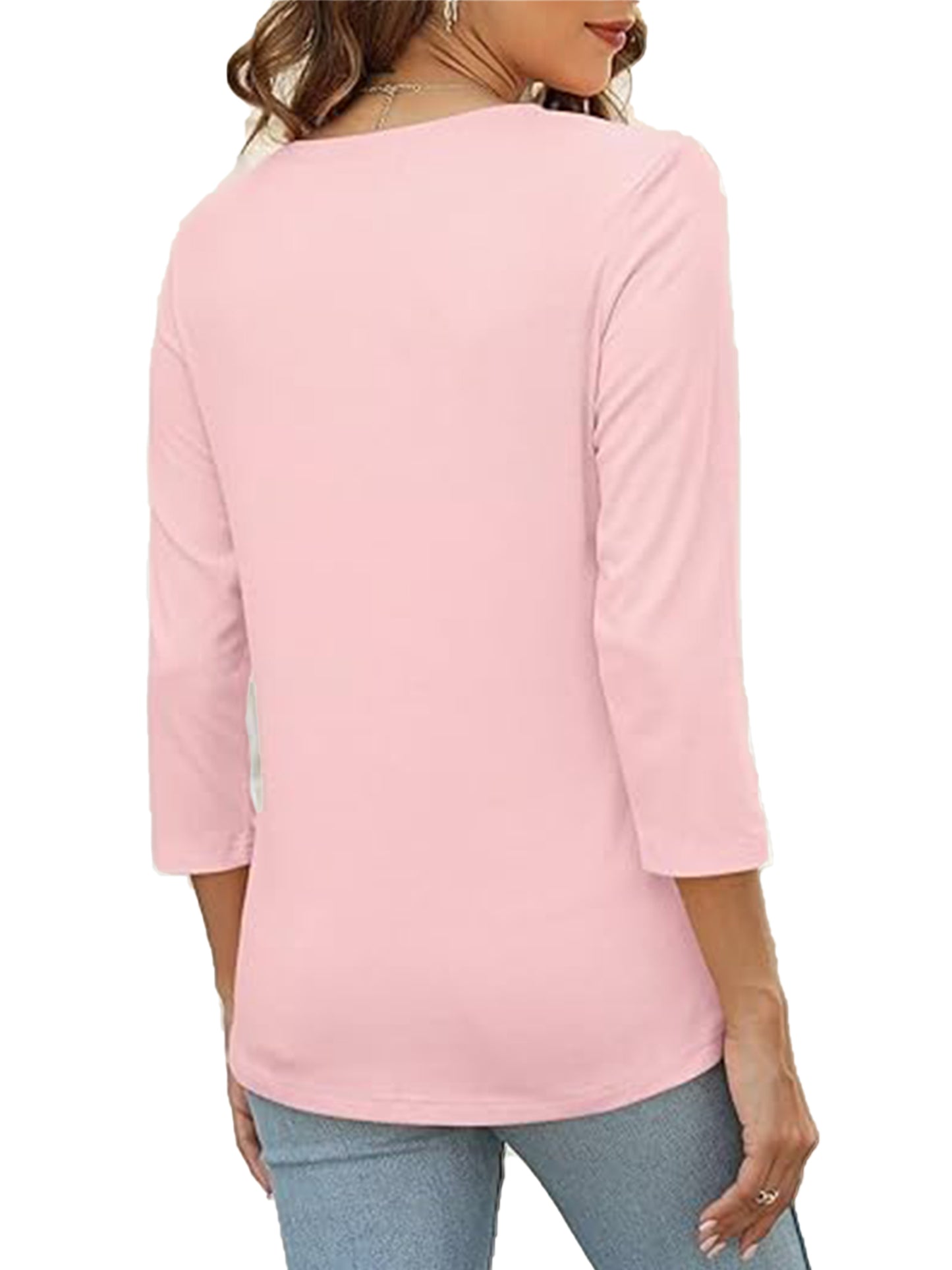 VDJ Women Tops Button V Neck 3/4 Sleeve T Shirts Casual Fall Tops Solid Color Basic Cute Pink Tee Clothes