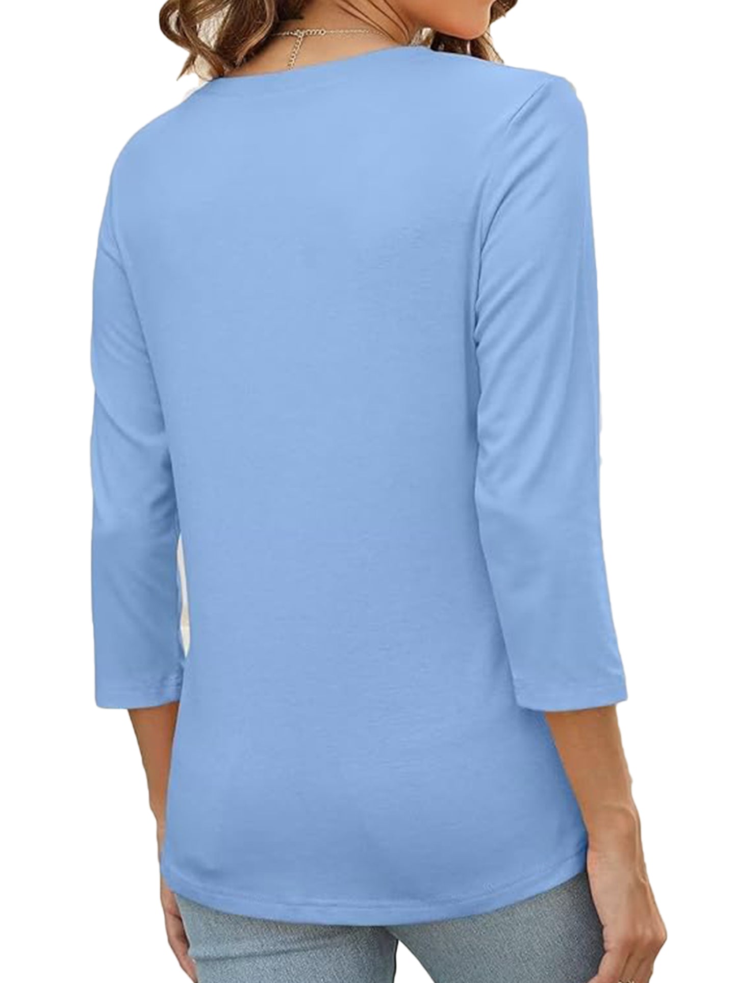 VDJ Button Shirts for Women 3/4 Sleeve V Neck Casual Fit Plain Color Sky Blue T Shirts Comfort Soft Basics Tops for Women