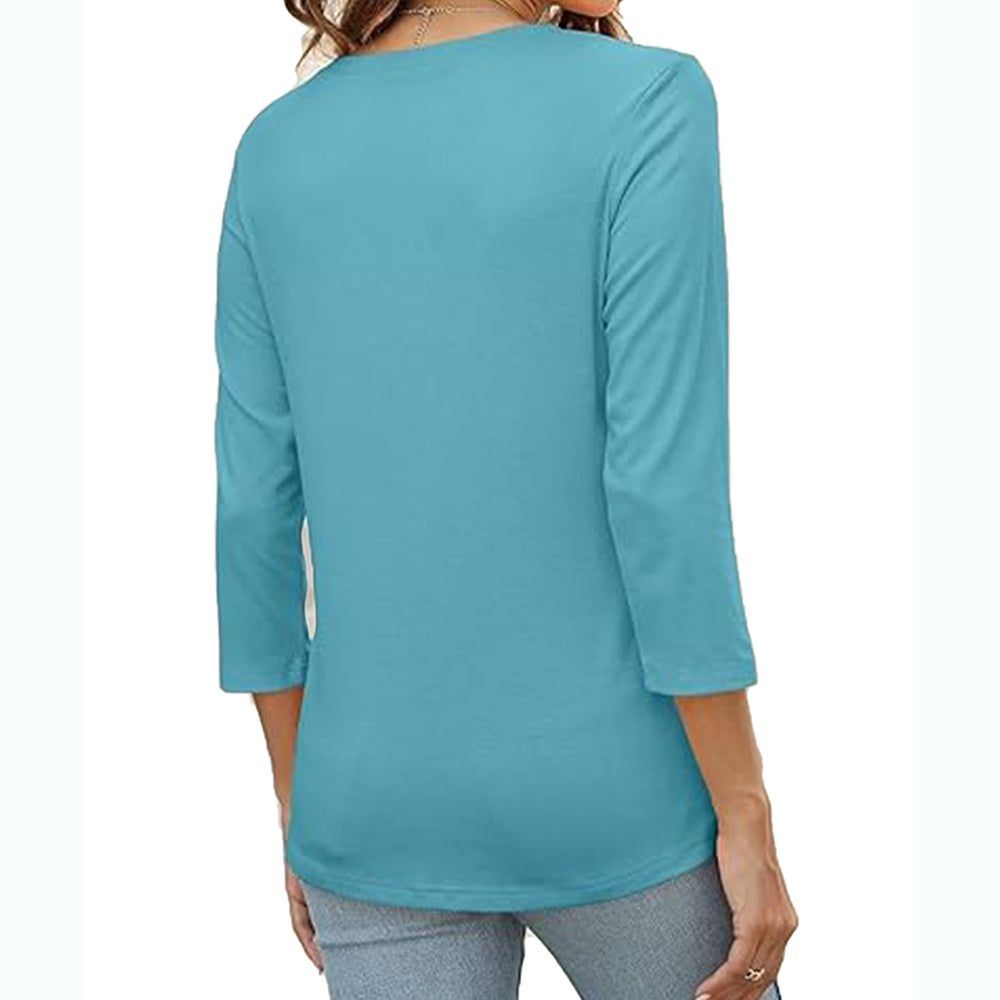 VDJ Button V Neck Tops for Women 3/4 Sleeve Comfort Soft Tshirts Basic Casual Tee Clothing