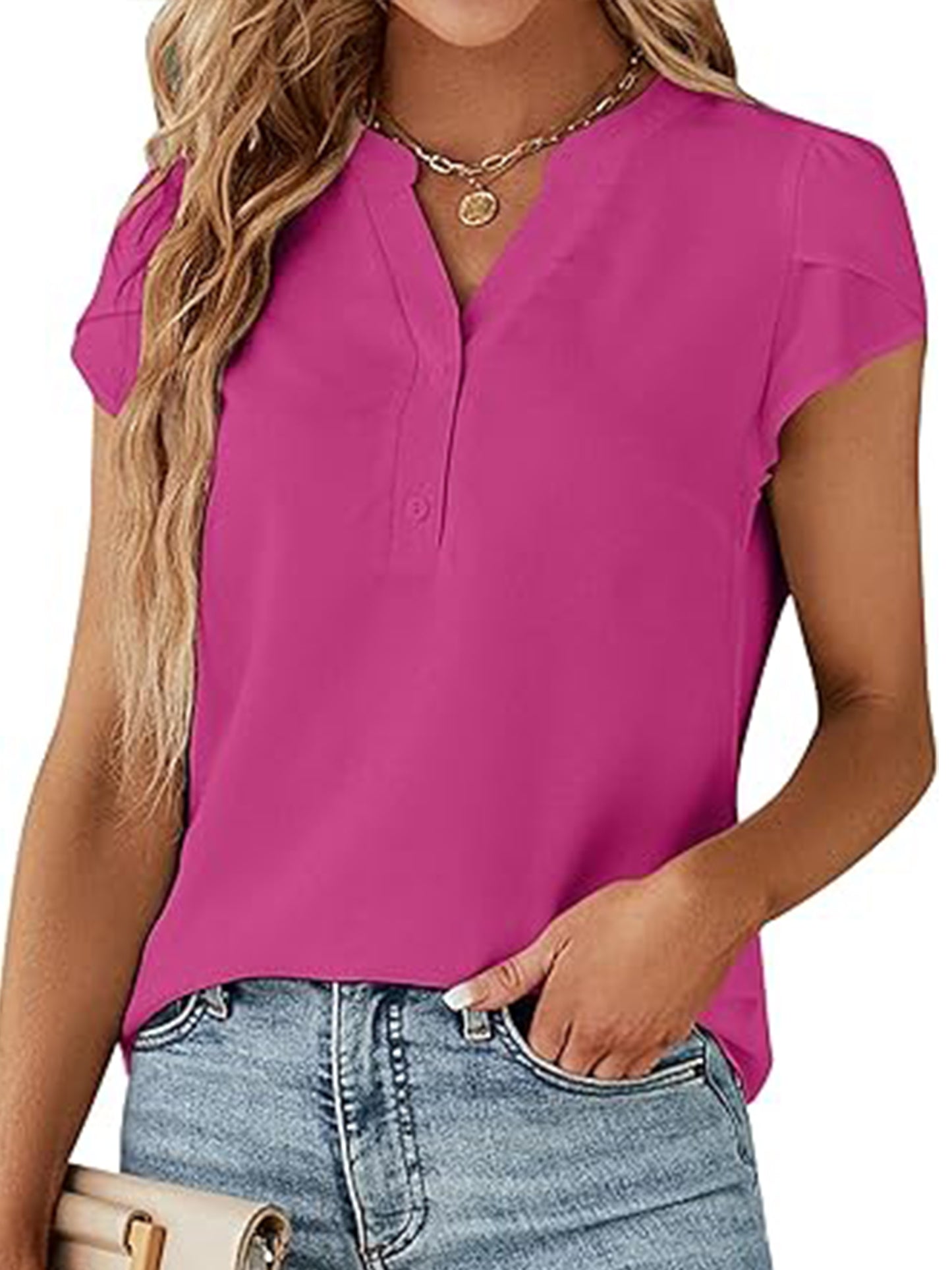 VDJ Summer Shirts for Women Fashion Short Sleeve Button V Neck Casual Fit Blouses Elegant Business Work Tops for Lady