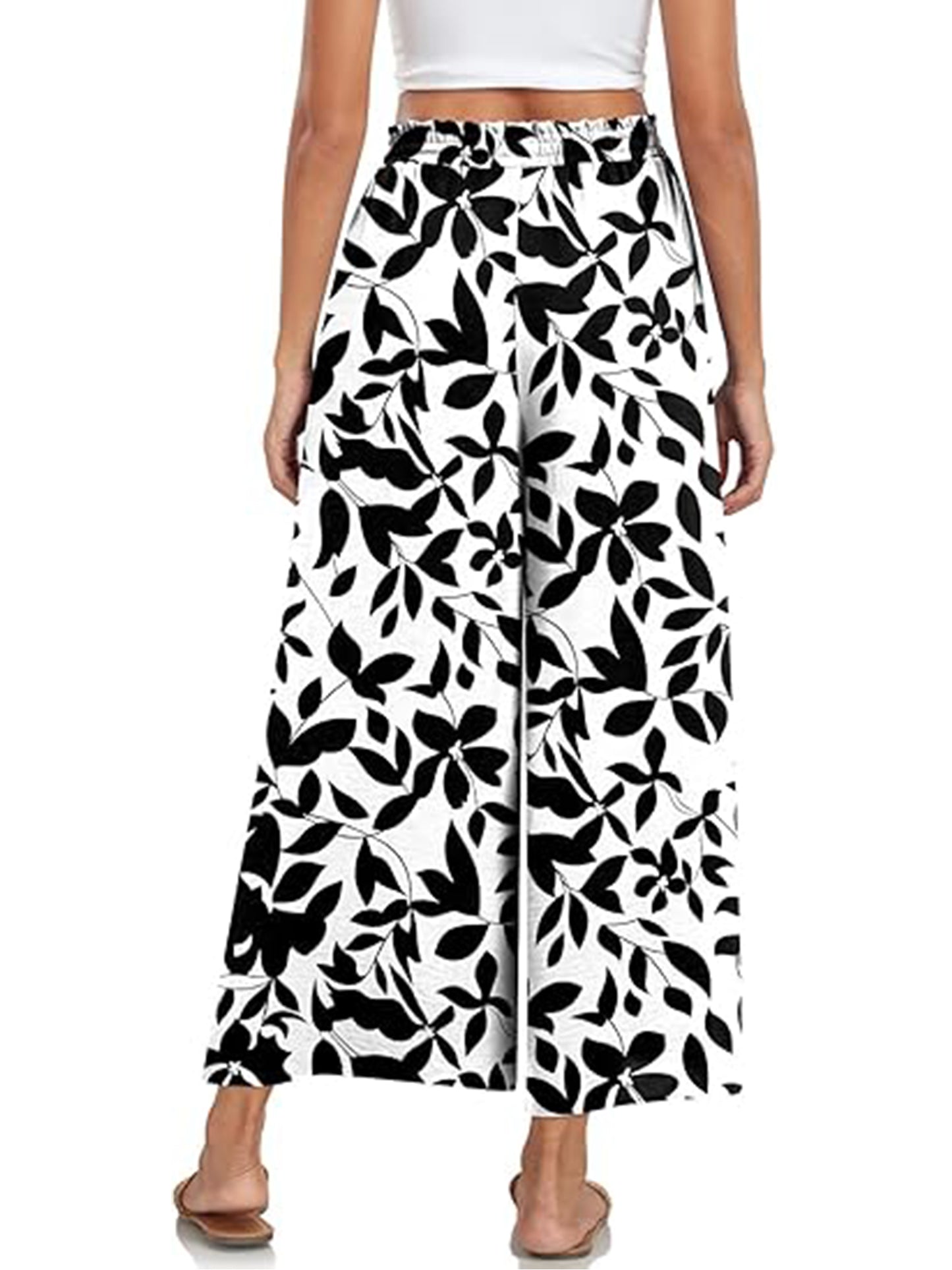 VDJ Women Summer Pants Elastic Waist Floral Bohemian Wide Leg Capri Pants Palazzo Casual Cropped Pants