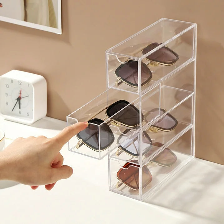 YUOFD Acrylic Sunglasses Display Box, Clear Glasses Display Cases with 4 Drawers, Stackable Jewelry Storage Boxes