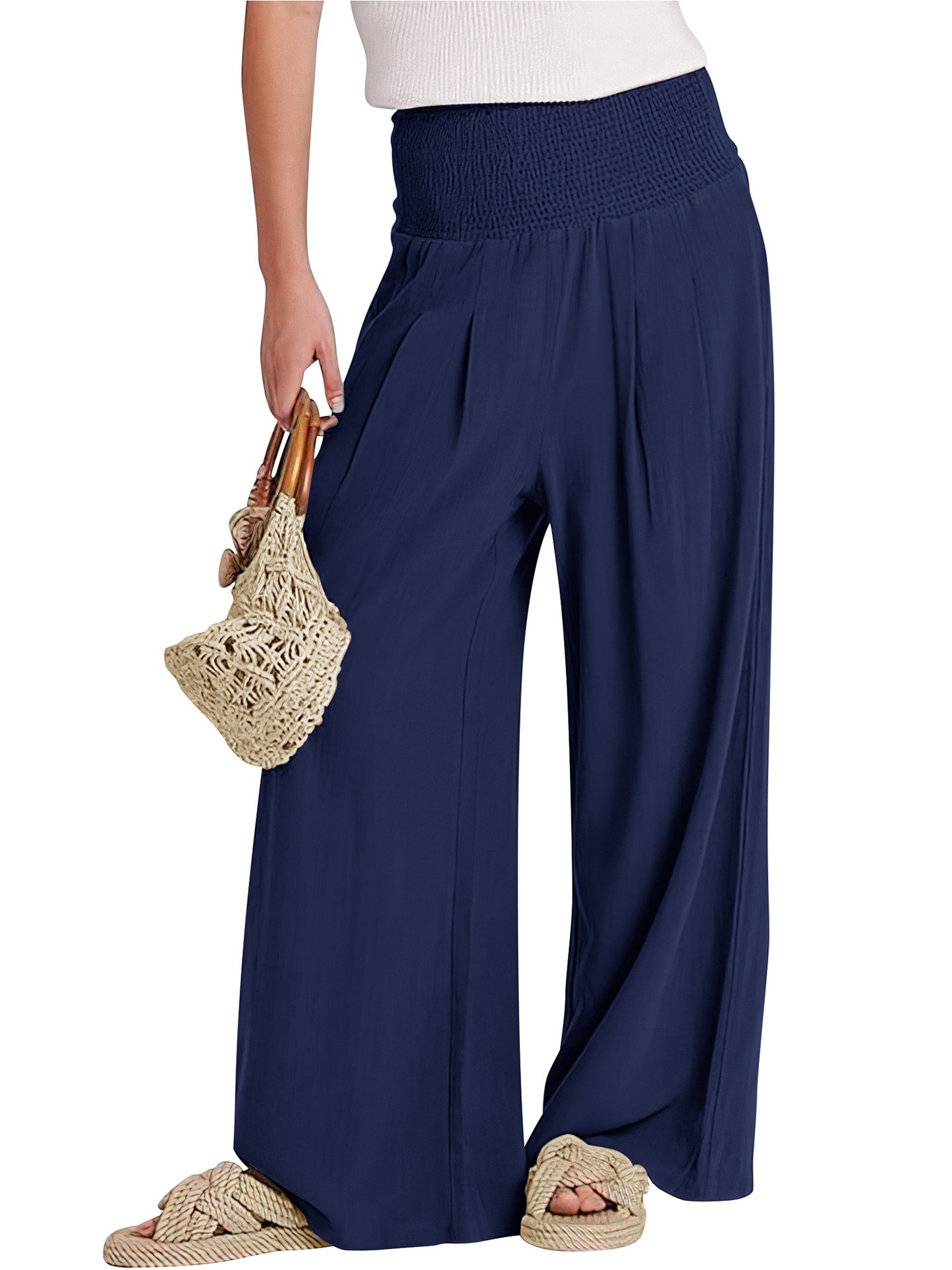 VDJ Palazzo Pants for Women Dressy High Waisted Wide Leg Lounge Pants Casual Navy Blue Pants with Pockets