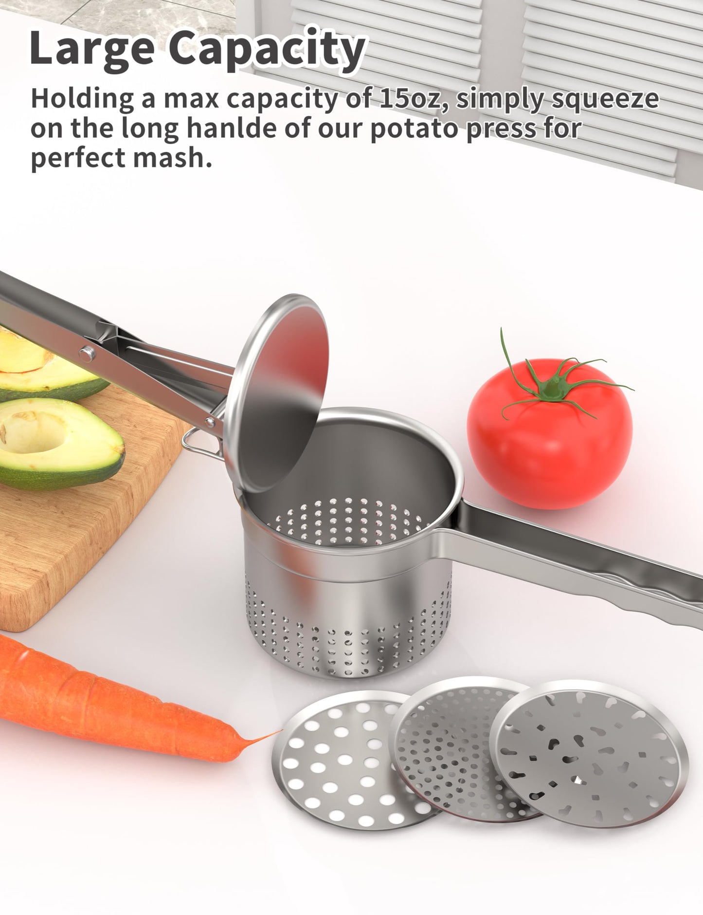 DADUMK Potato Ricer, Crush Fruit and Gnocchi Easily, 3 Interchangeable Discs, 15oz Capacity