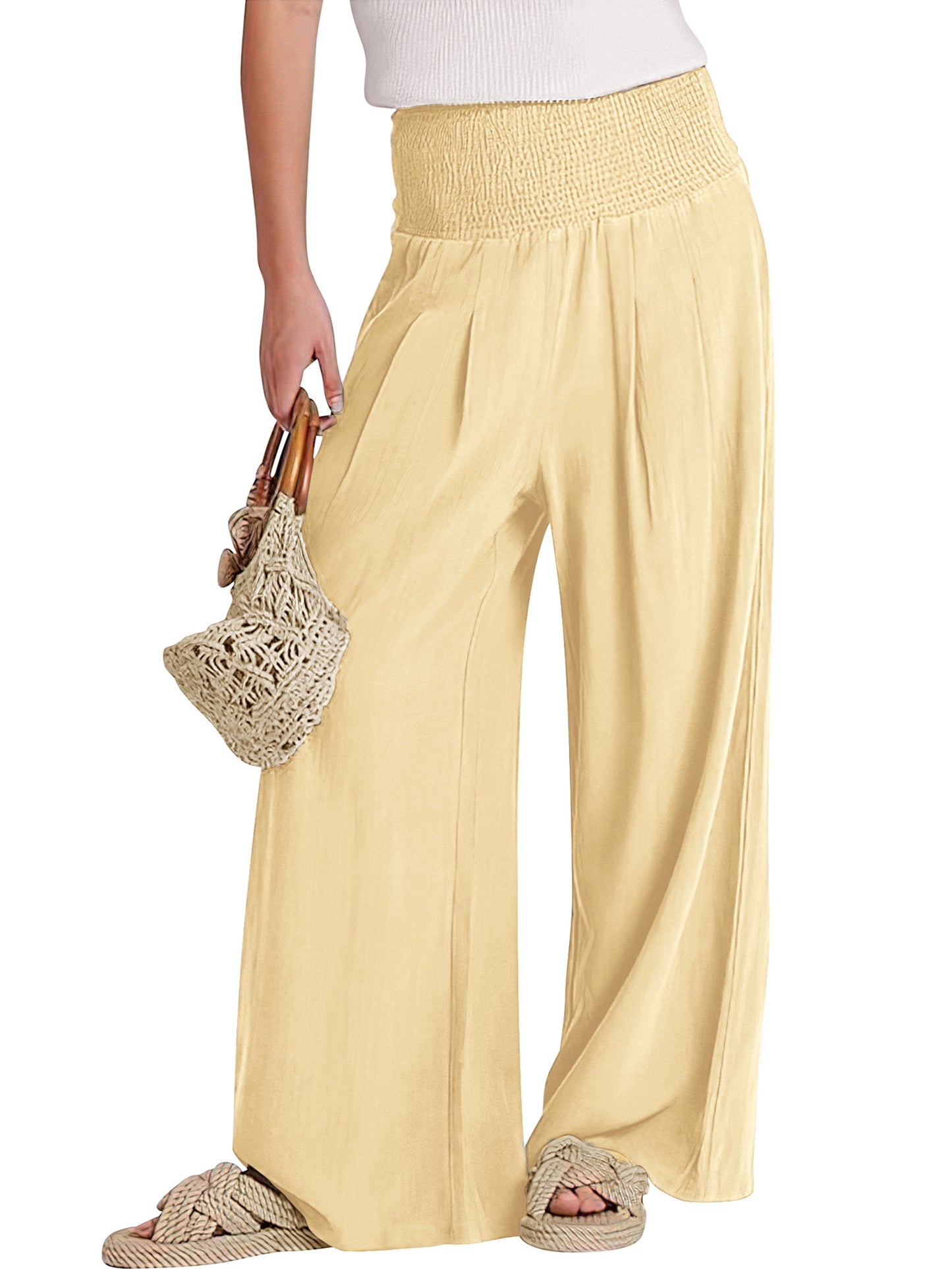 VDJ Women's Casual Wide Leg Pants Summer Boho High Waisted Beach Palazzo Trousers Flowy Lounge Pant