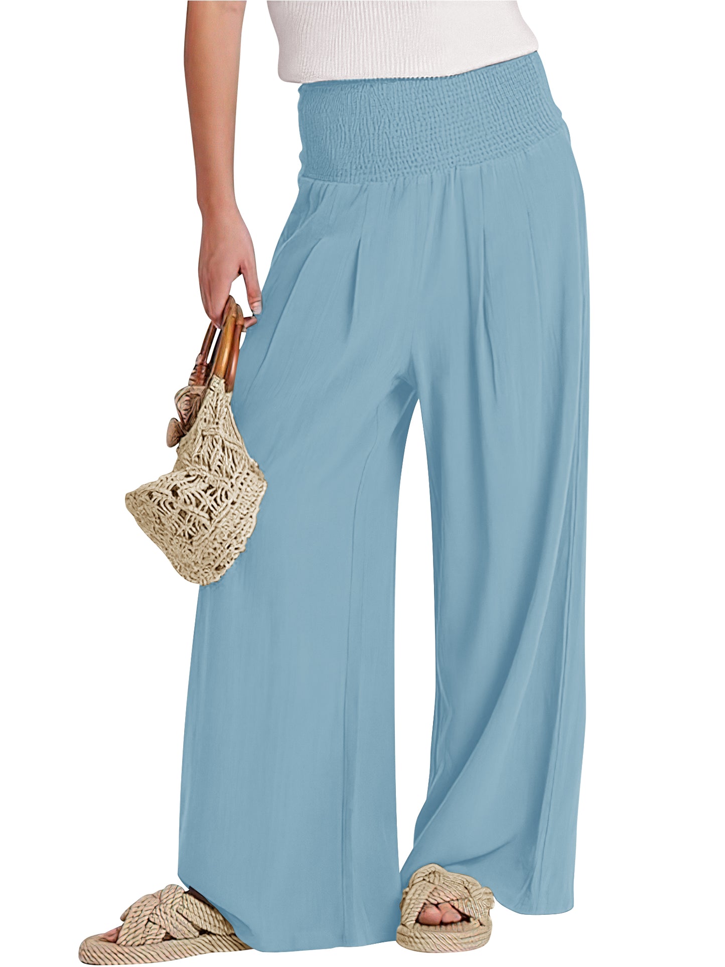VDJ Womens Pants Summer Boho Elastic Wide Waistband Fashion Wide leg Beach Pants Sky Blue Ladies Trouser