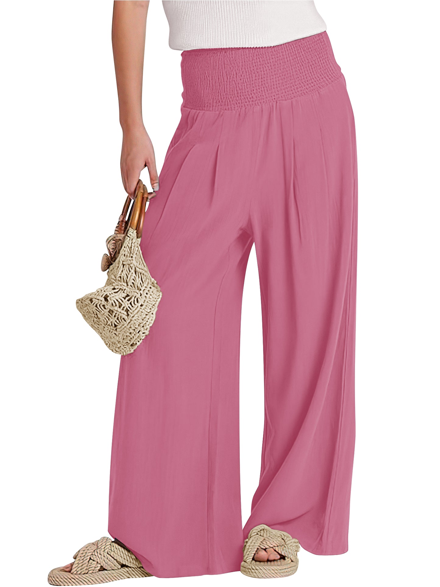 VDJ Summer Pants for Women Wide Leg Dress Pants Elastic Waist Palazzo Pants Dusty Pink Trousers with Pocket