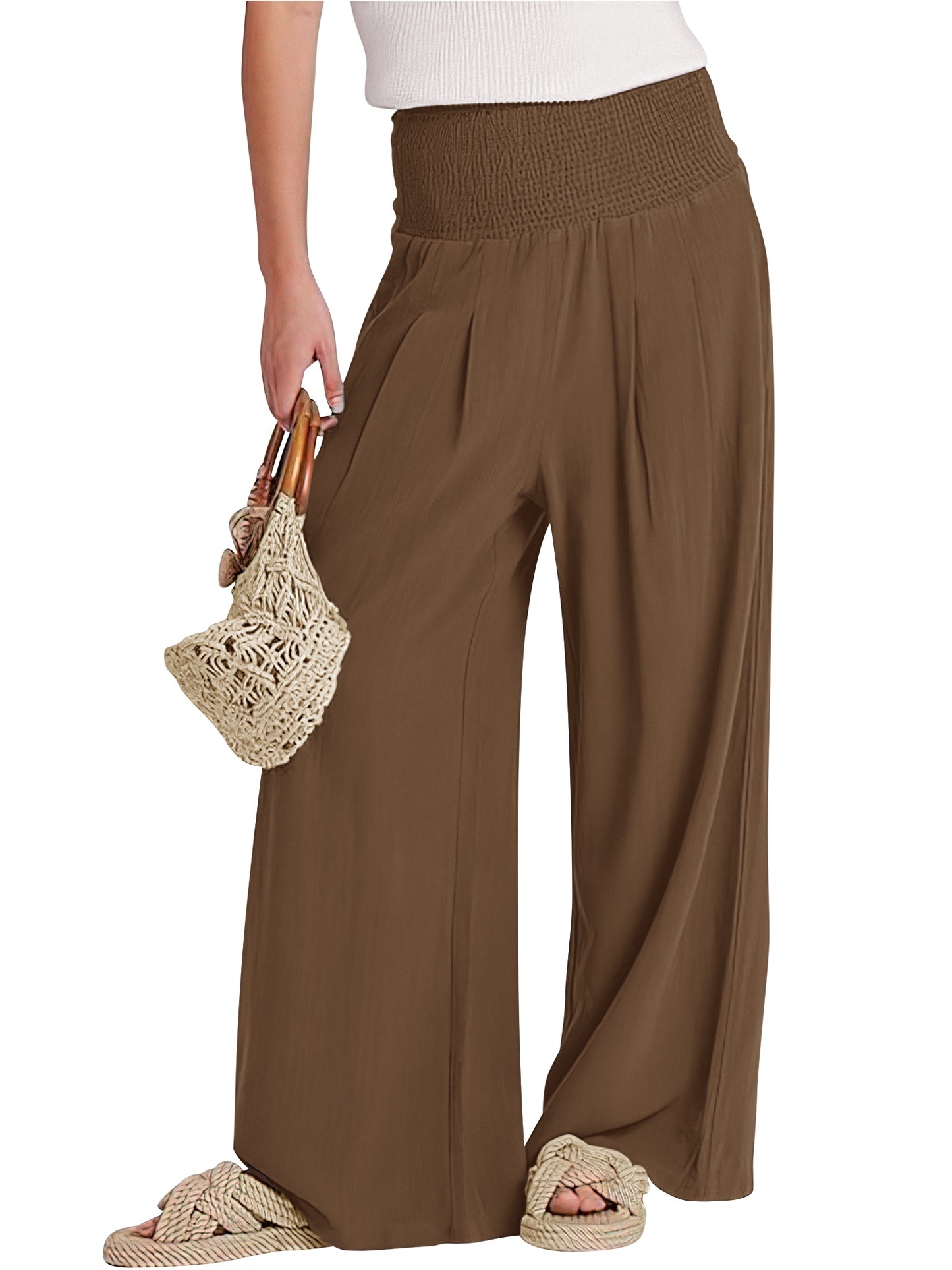 VDJ Womens Casual Pants Elastic High Waist Summer Coffee Lounge Pants Lightweight Flowy Beach Trousers Clothing