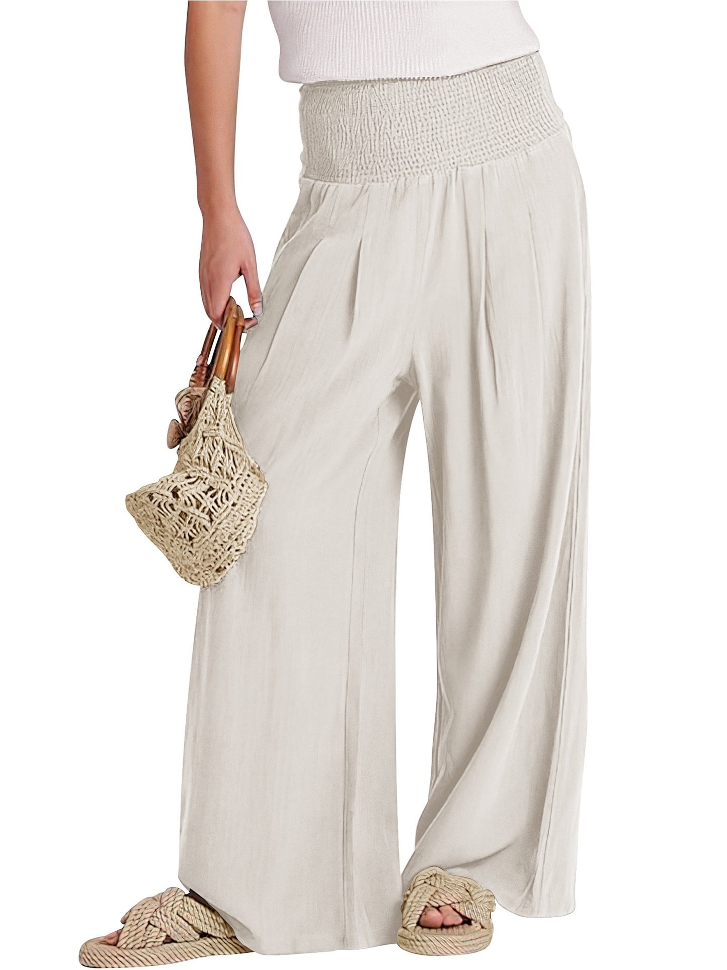 VDJ Women's Casual Wide Leg Pants Business Work Dress Pants Flowy Baggy Harme Pants Boho Beige Palazzo Trousers