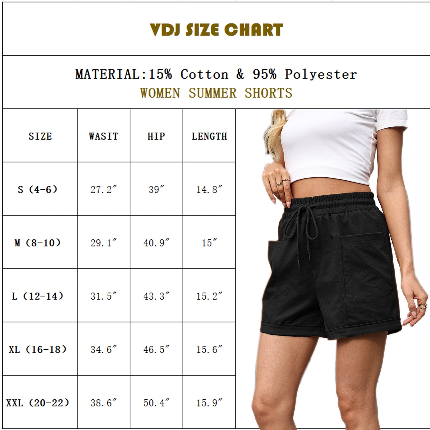 VDJ Women Casual Summer Shorts Elastic Waisted Drawstring Comfy Pull On Lightweight Black Shorts with Pockets