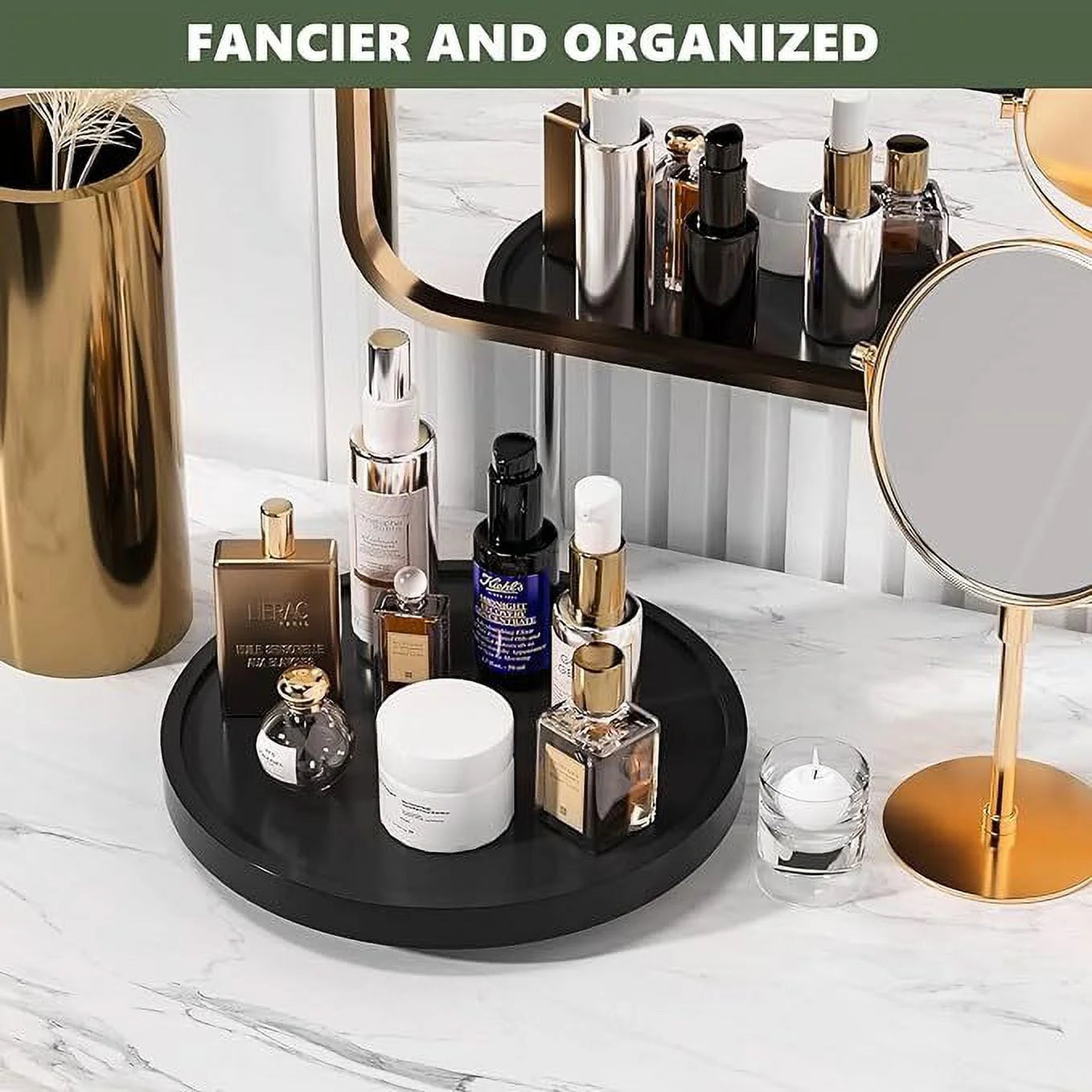 YUOFD Perfume Tray, Rotatable Vanity Tray, 10" Diameter, Black