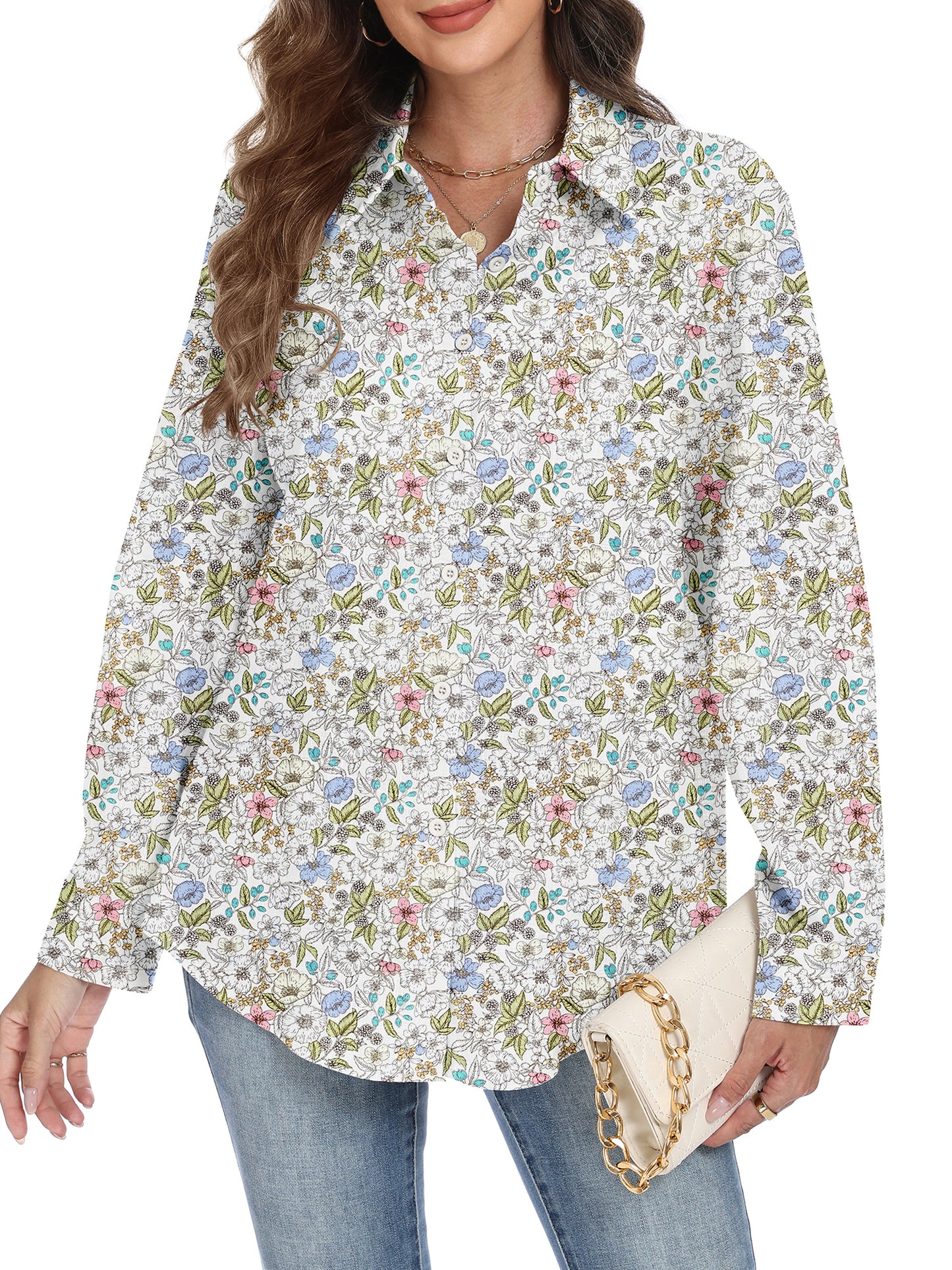 VDJ Womens Long Sleeve Button Down Shirts Floral Printed Fashion Tops Fall Winter Holiday Blouses Outfits