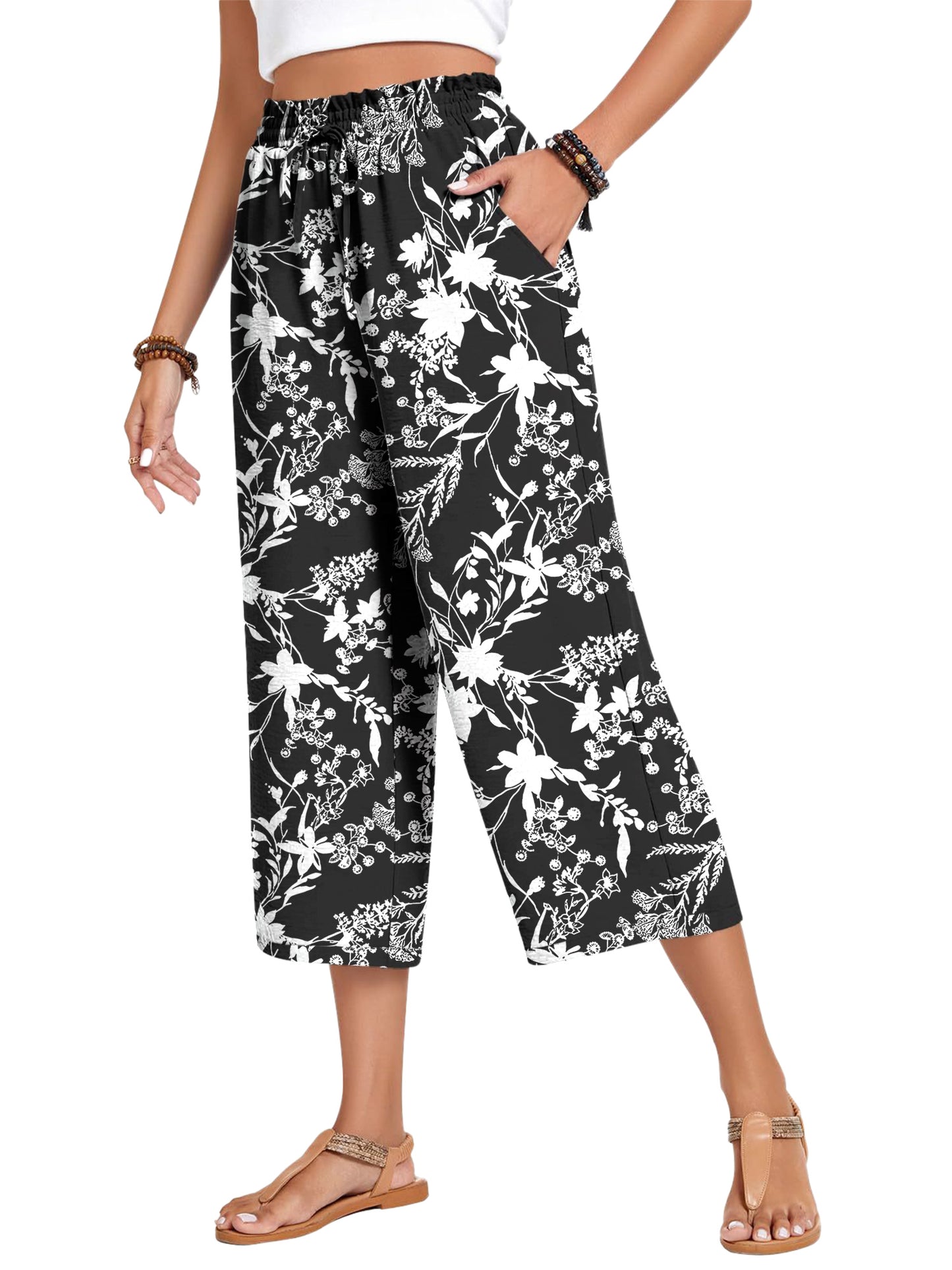 VDJ Women's Smmer Capri Pants Casual Wide Leg Elastic Waist Lightweight Floral Printed Cropped Loose Pants with Pockets