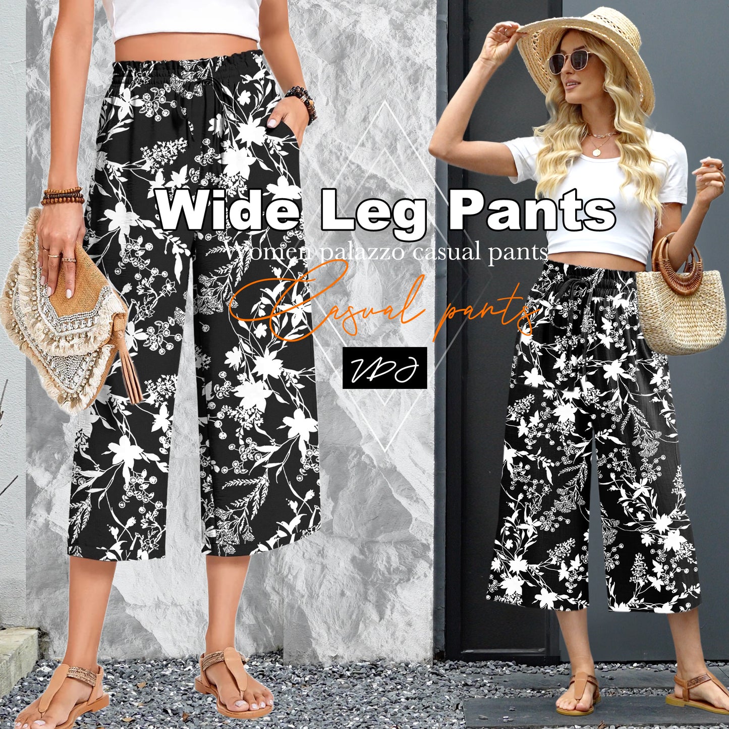 VDJ Women's Smmer Capri Pants Casual Wide Leg Elastic Waist Lightweight Floral Printed Cropped Loose Pants with Pockets