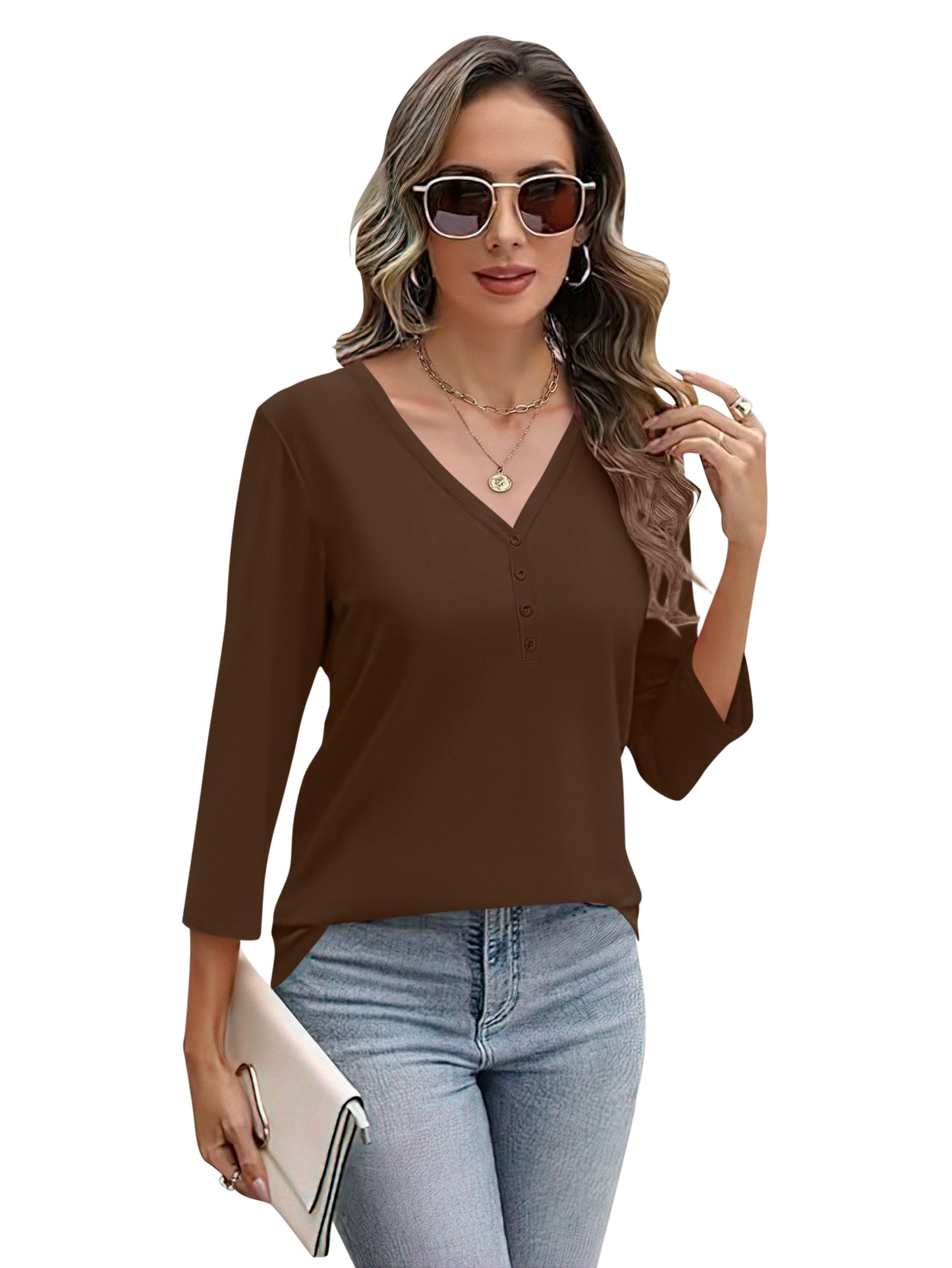 VDJ Blouses for Women Dressy Casual Summer 3/4 Sleeve Solid T Shirts Trendy Button Tunics Brown Going Out Tops
