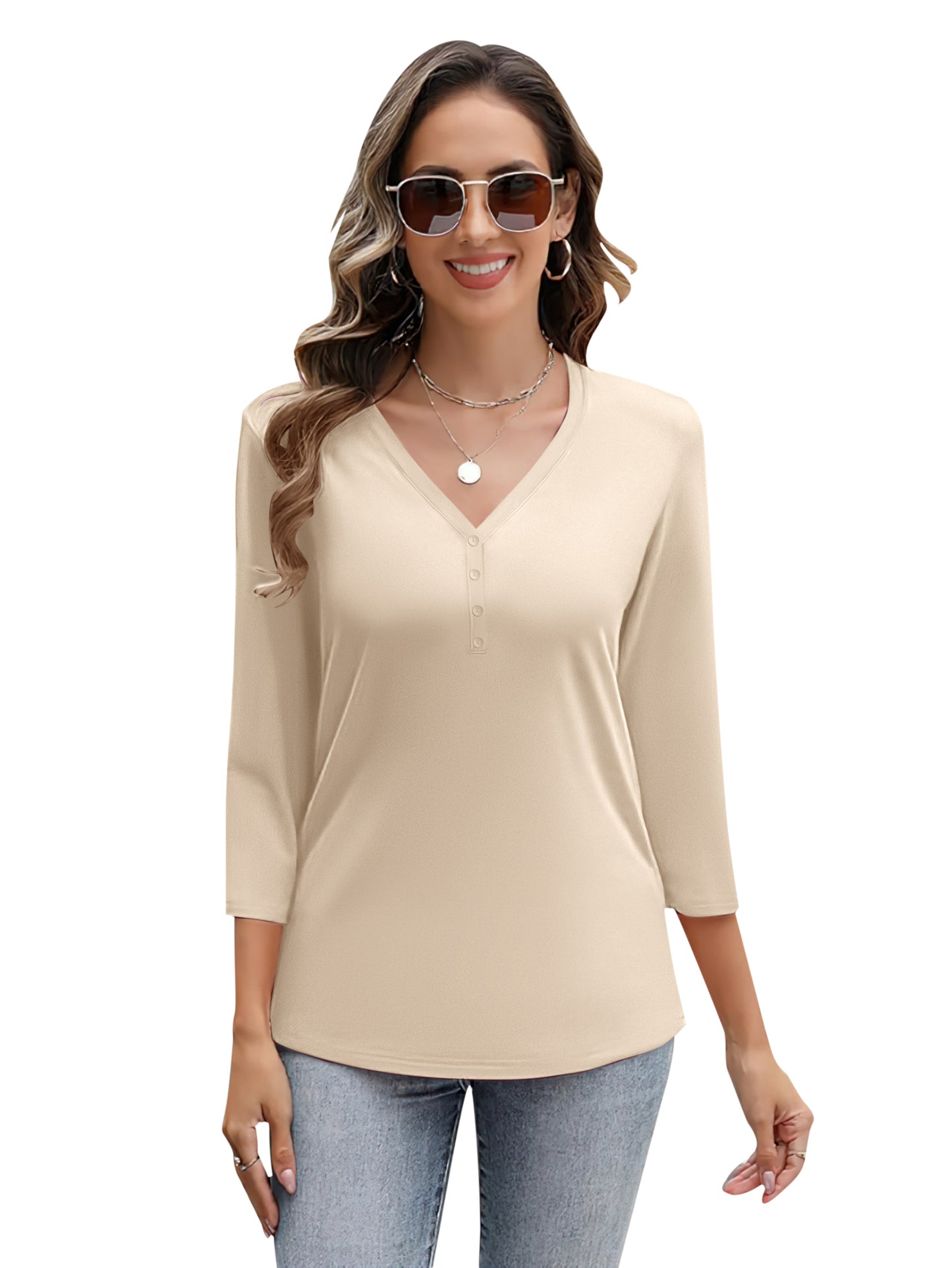 VDJ Women Blouses Loose Casual 3 4 Sleeve Tunic Shirts Fashion Button V Neck Summer Beige T Shirts Tops