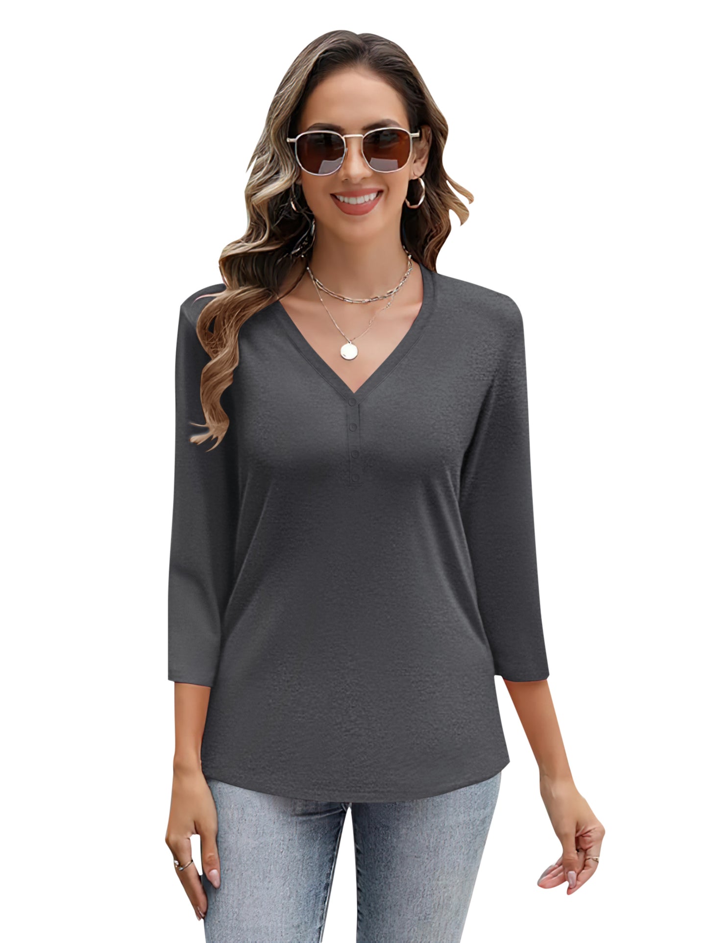 VDJ Women Tunic Tops 3/4 Sleeve Summer Button Up Drak Gray Shirts Business casual outfits Clothing