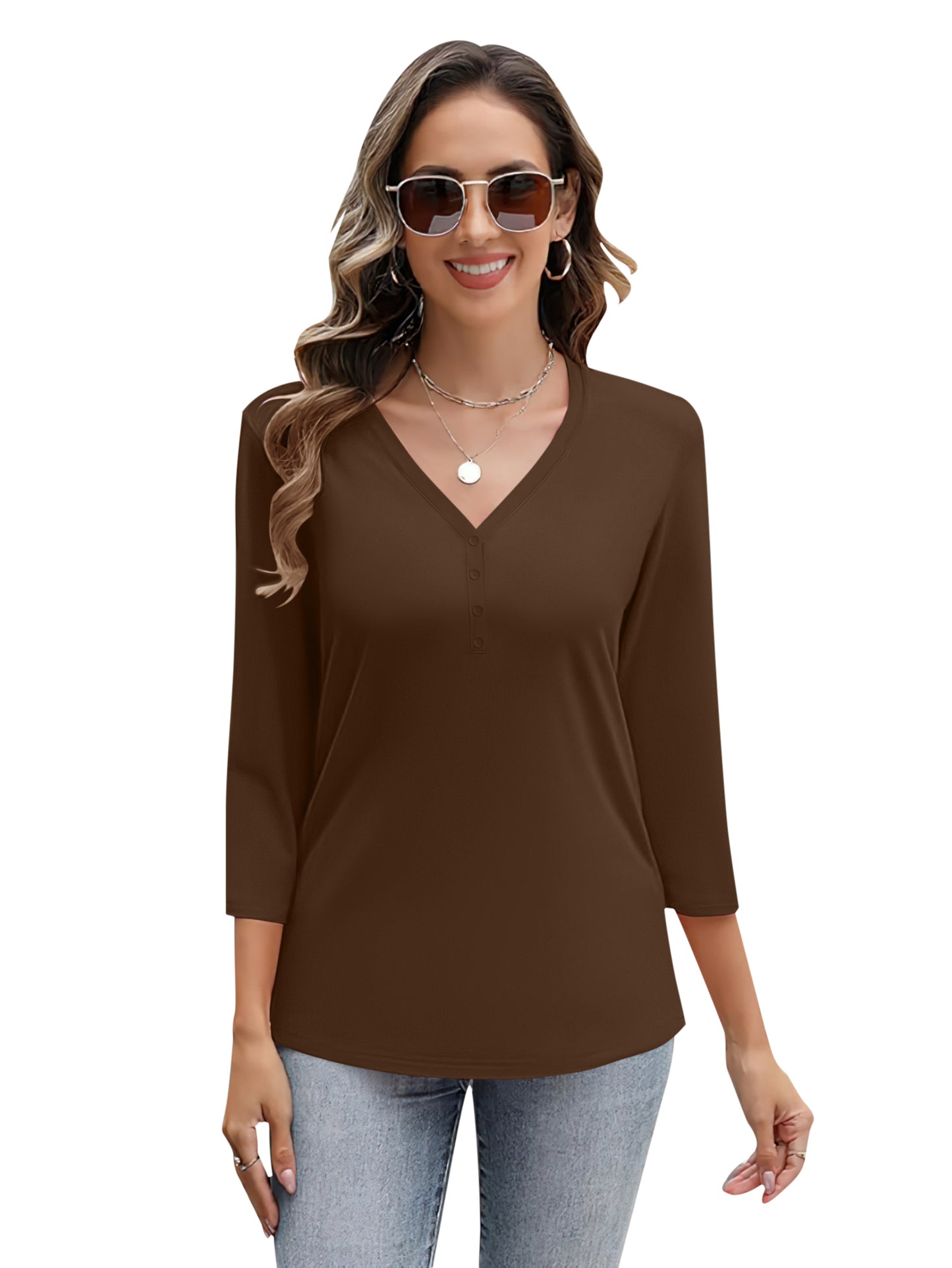 VDJ Blouses for Women Dressy Casual Summer 3/4 Sleeve Solid T Shirts Trendy Button Tunics Brown Going Out Tops