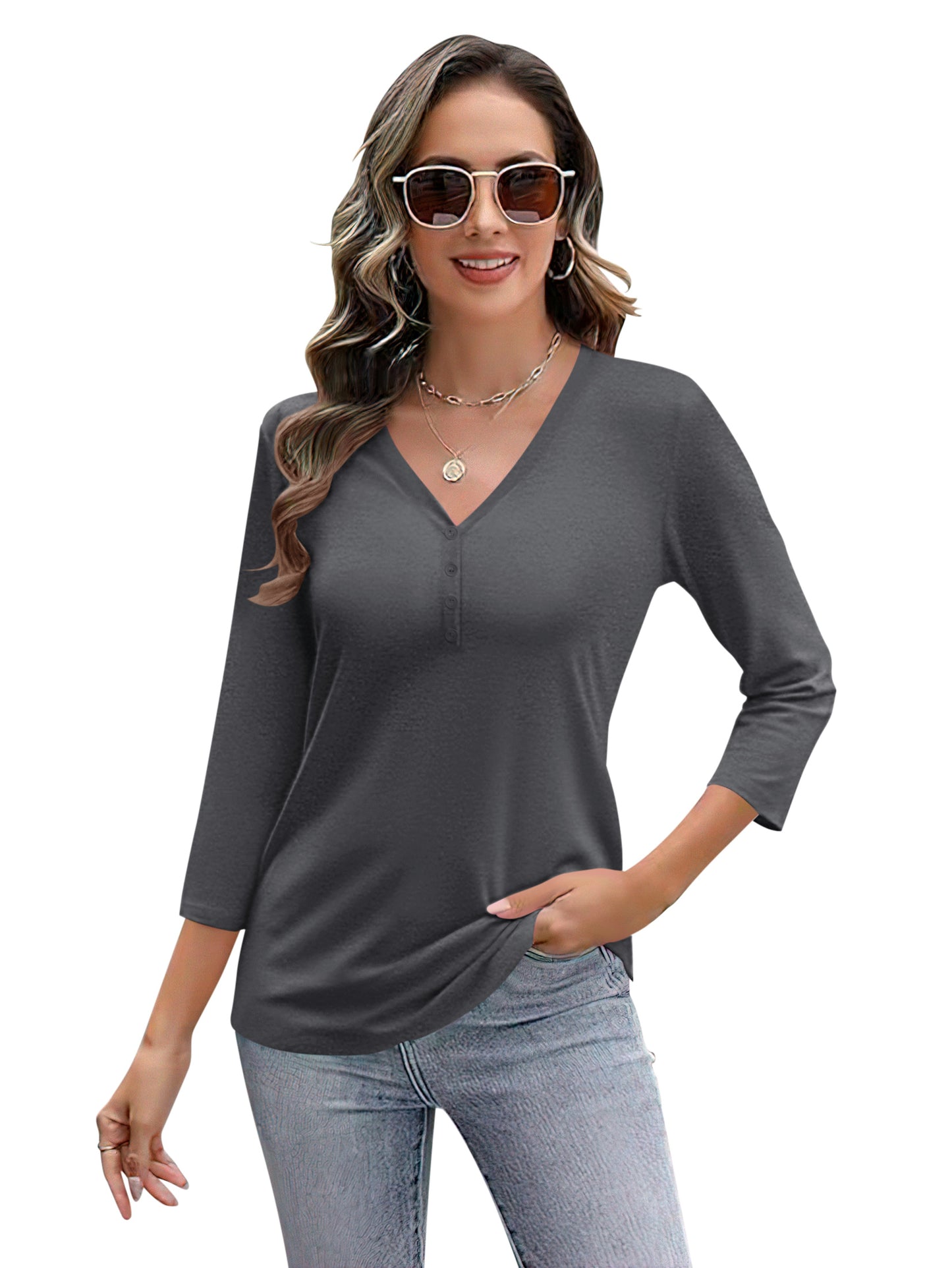 VDJ Women Tunic Tops 3/4 Sleeve Summer Button Up Drak Gray Shirts Business casual outfits Clothing