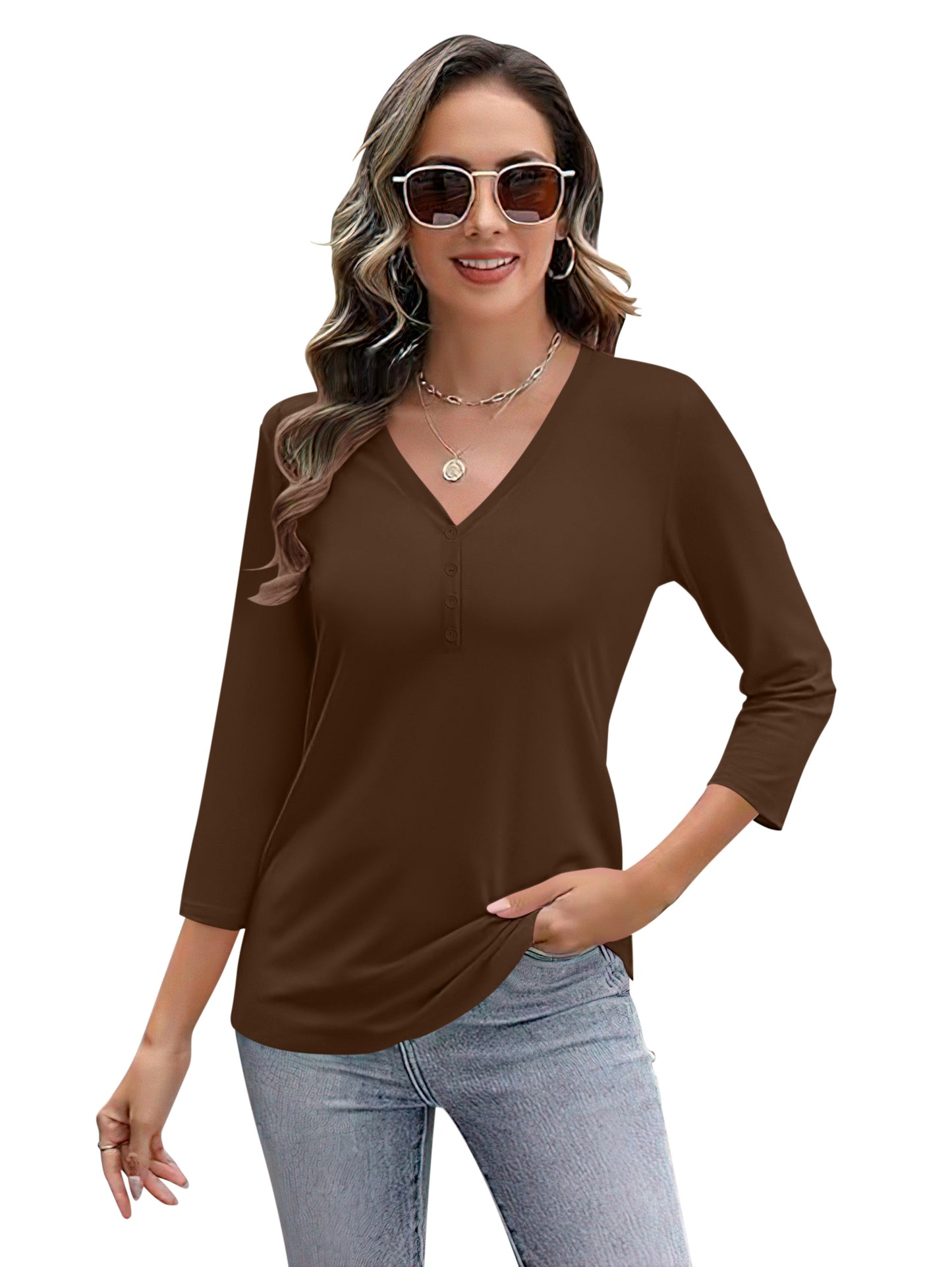 VDJ Blouses for Women Dressy Casual Summer 3/4 Sleeve Solid T Shirts Trendy Button Tunics Brown Going Out Tops