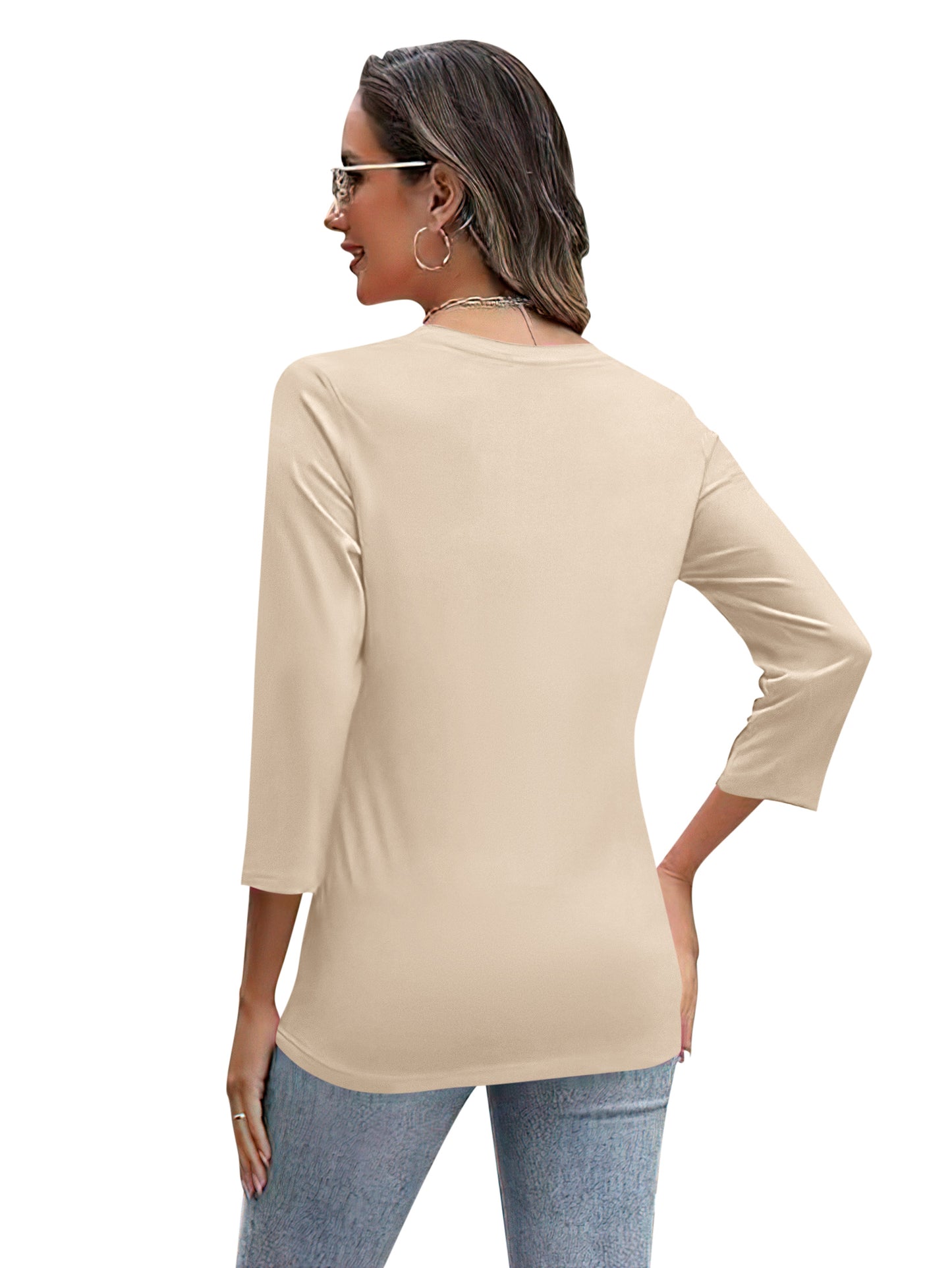 VDJ Women Blouses Loose Casual 3 4 Sleeve Tunic Shirts Fashion Button V Neck Summer Beige T Shirts Tops