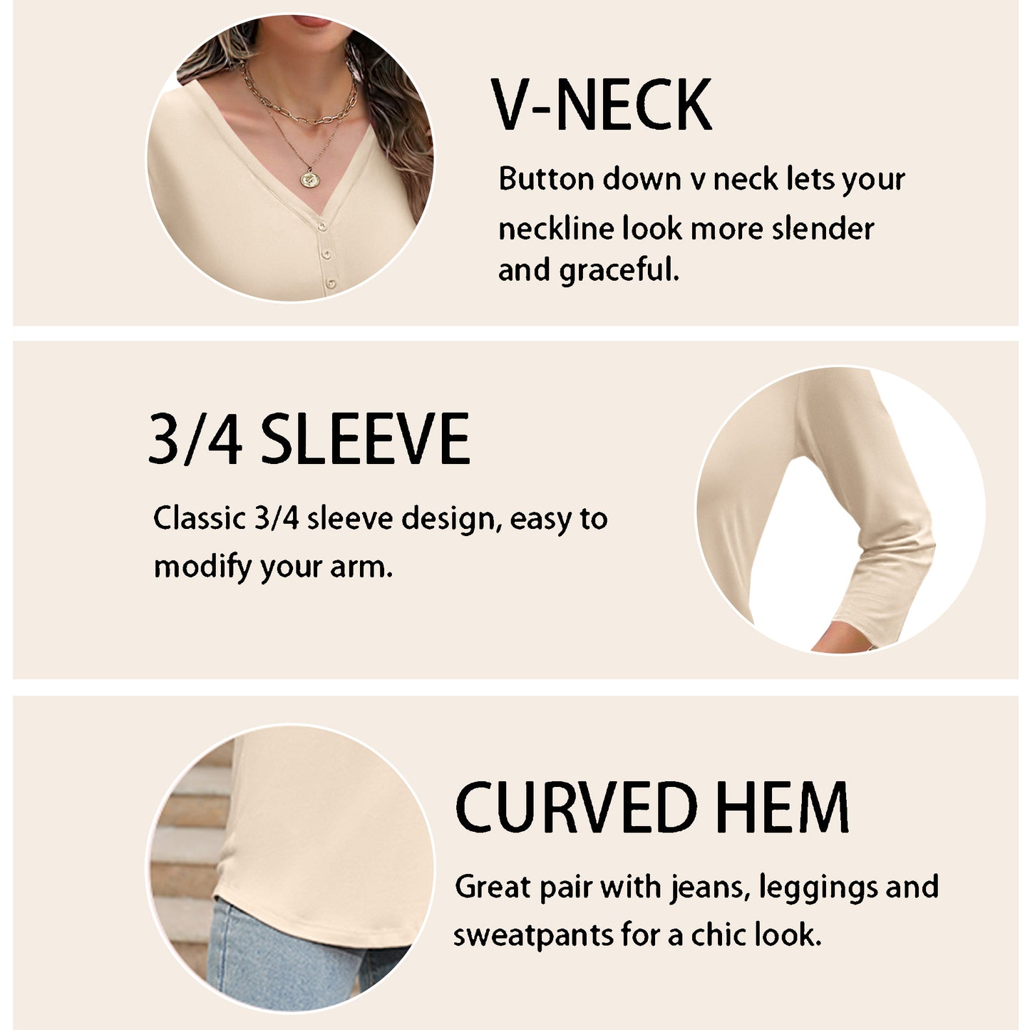 VDJ Women Blouses Loose Casual 3 4 Sleeve Tunic Shirts Fashion Button V Neck Summer Beige T Shirts Tops