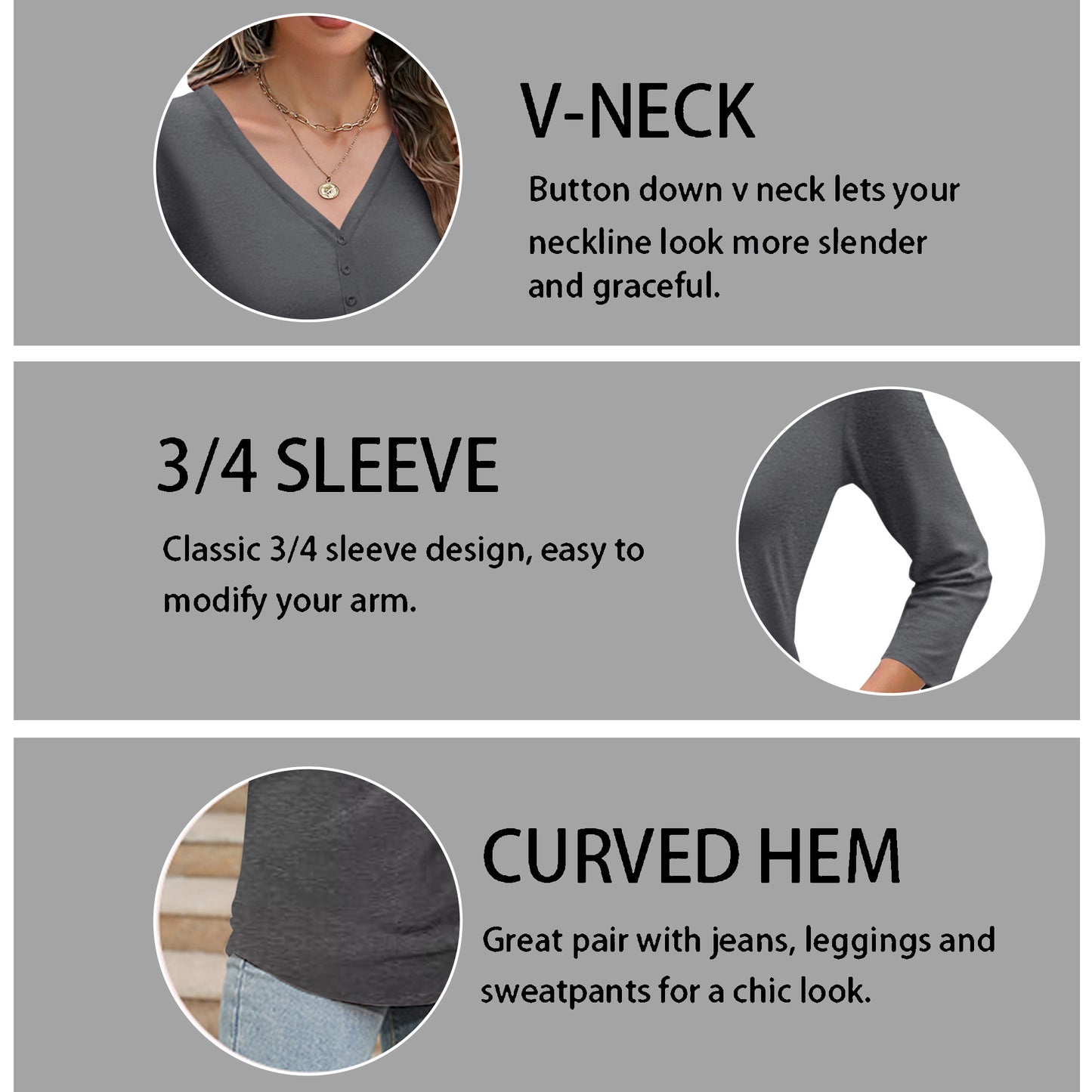 VDJ Women Tunic Tops 3/4 Sleeve Summer Button Up Drak Gray Shirts Business casual outfits Clothing
