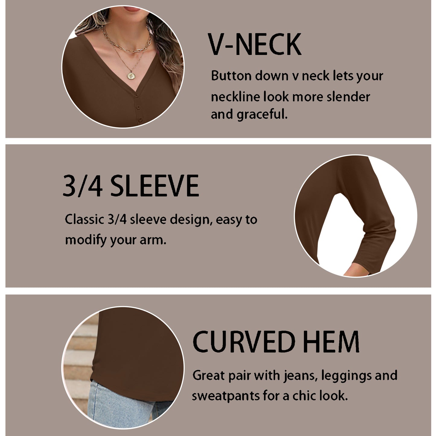 VDJ Blouses for Women Dressy Casual Summer 3/4 Sleeve Solid T Shirts Trendy Button Tunics Brown Going Out Tops