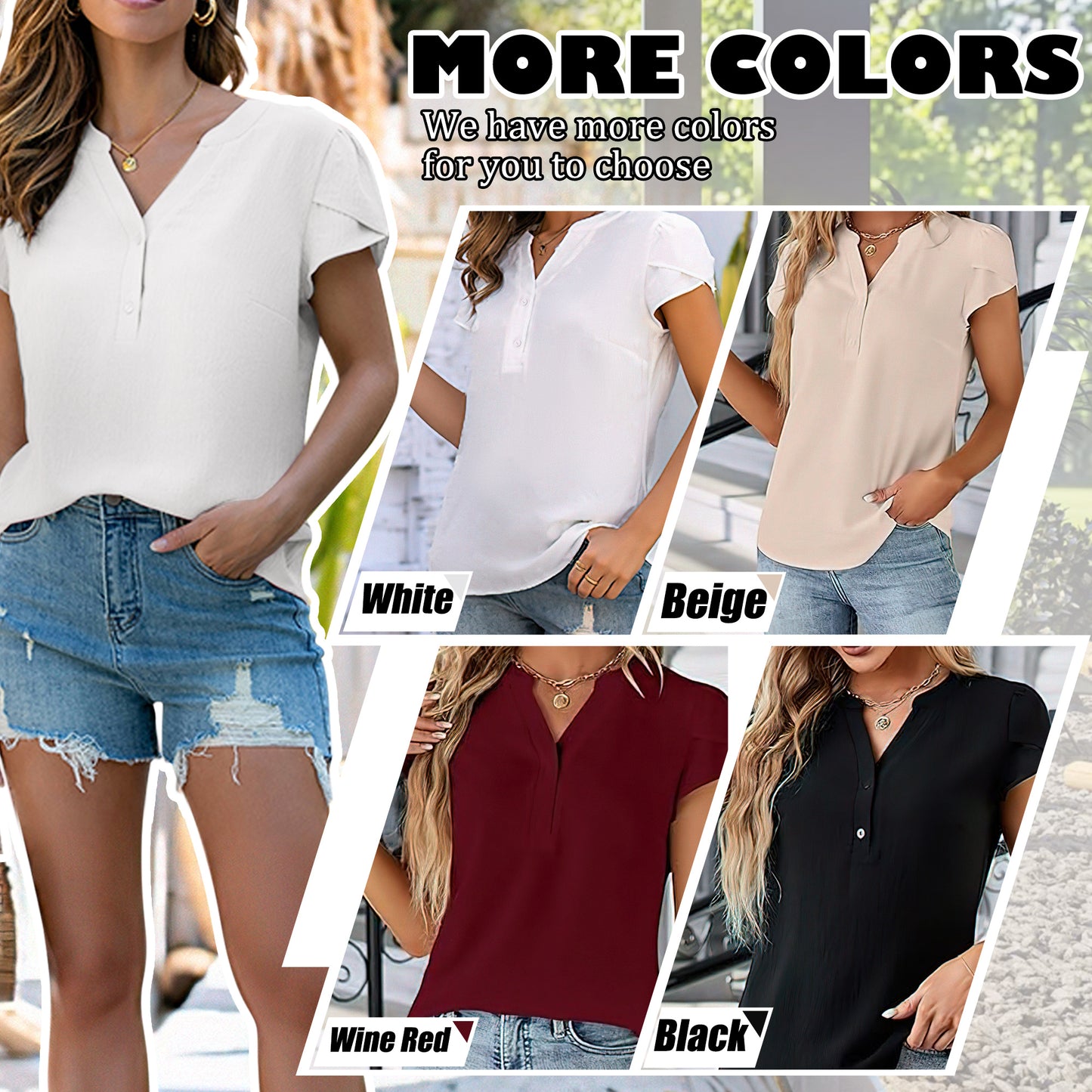 VDJ Summer Tops for Women Business Casual Tops Summer Holiday Trendy Short Sleeve Shirts Button Up Black Blouse for Lady