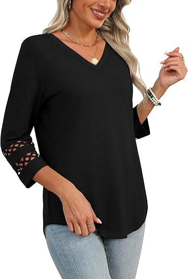 VDJ 3/4 Sleeve Women Tops Henley V Neck Summer Trendy Blouses Dressy Casual Coral Tshirts Tunic Clothing