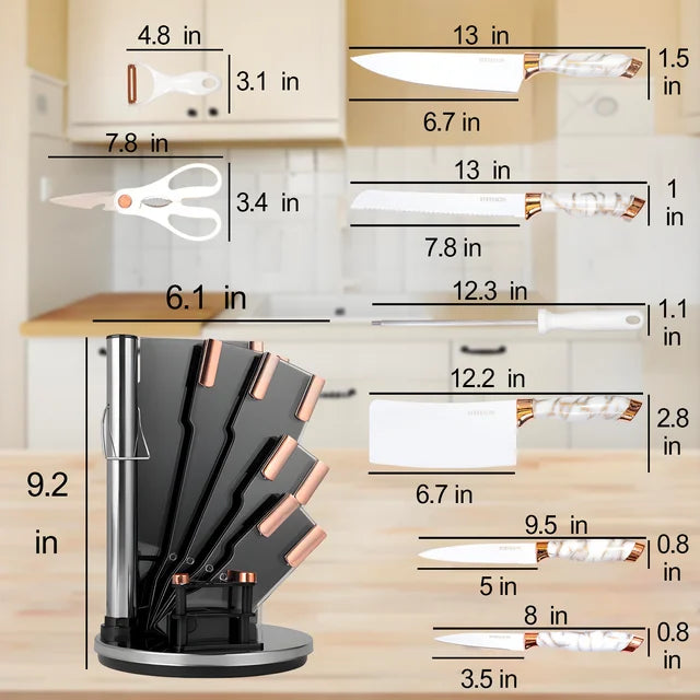 YUOFD Knife Set, 9PCS Stainless Steel Kitchen Knives Sets with Acrylic Block, Dishwasher Safe, White