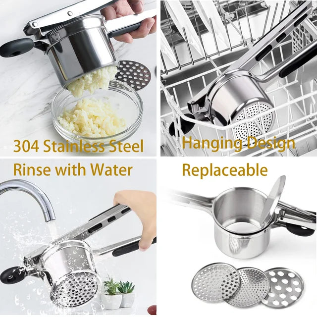 YUOFD Stainless Steel Potato Ricer, 1200 ML Hanging Potato Masher with 3 Filter Disc, Crush Potatoes and Vegetables with Ease