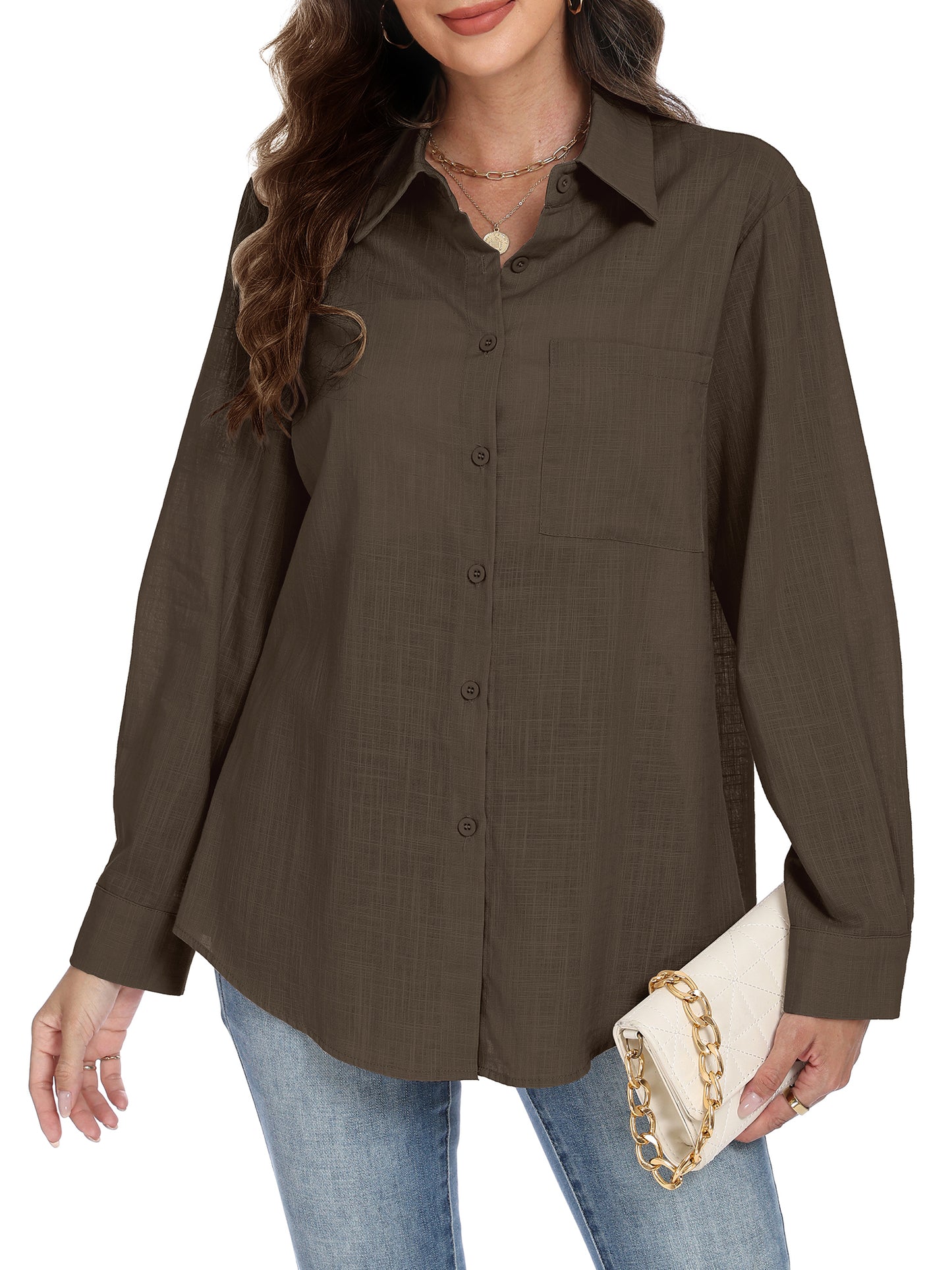 VDJ Button Down Shirts for Women Dressy Casual Solid Color Long Sleeve Collared Blouse Office Work Tops with Pockets
