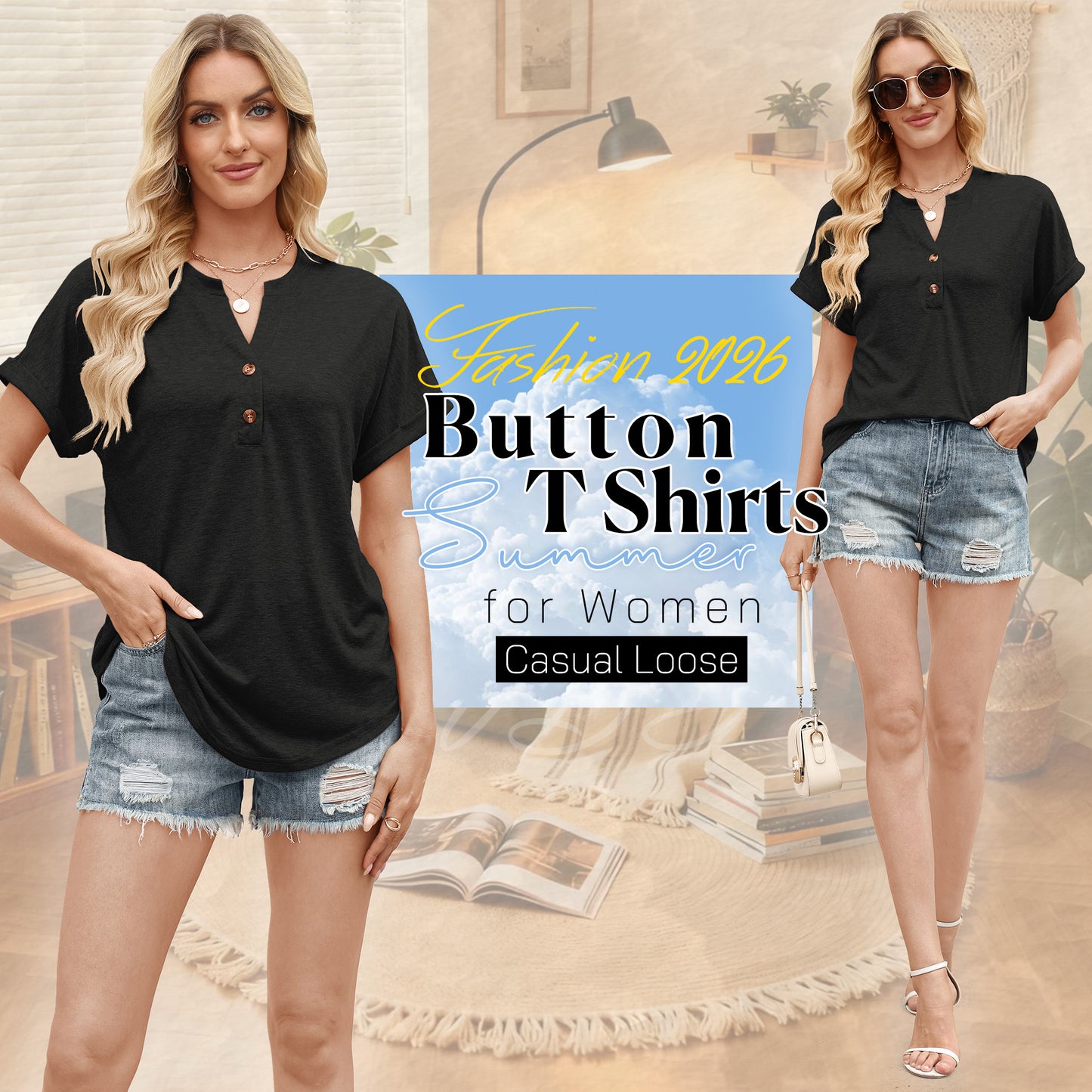 VDJ Tops for Women Summer Short Sleeve Button Up Solid Tee Shirts Casual Loose Henley Collared Black Shirt Clothing